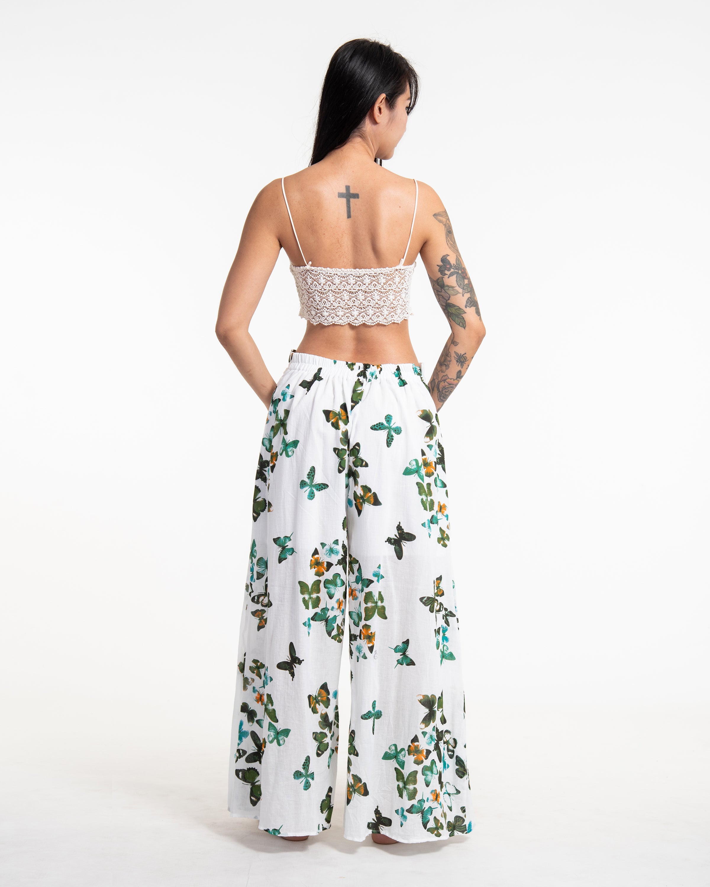 Women's Thai Harem Palazzo Pants in Butterflies Green