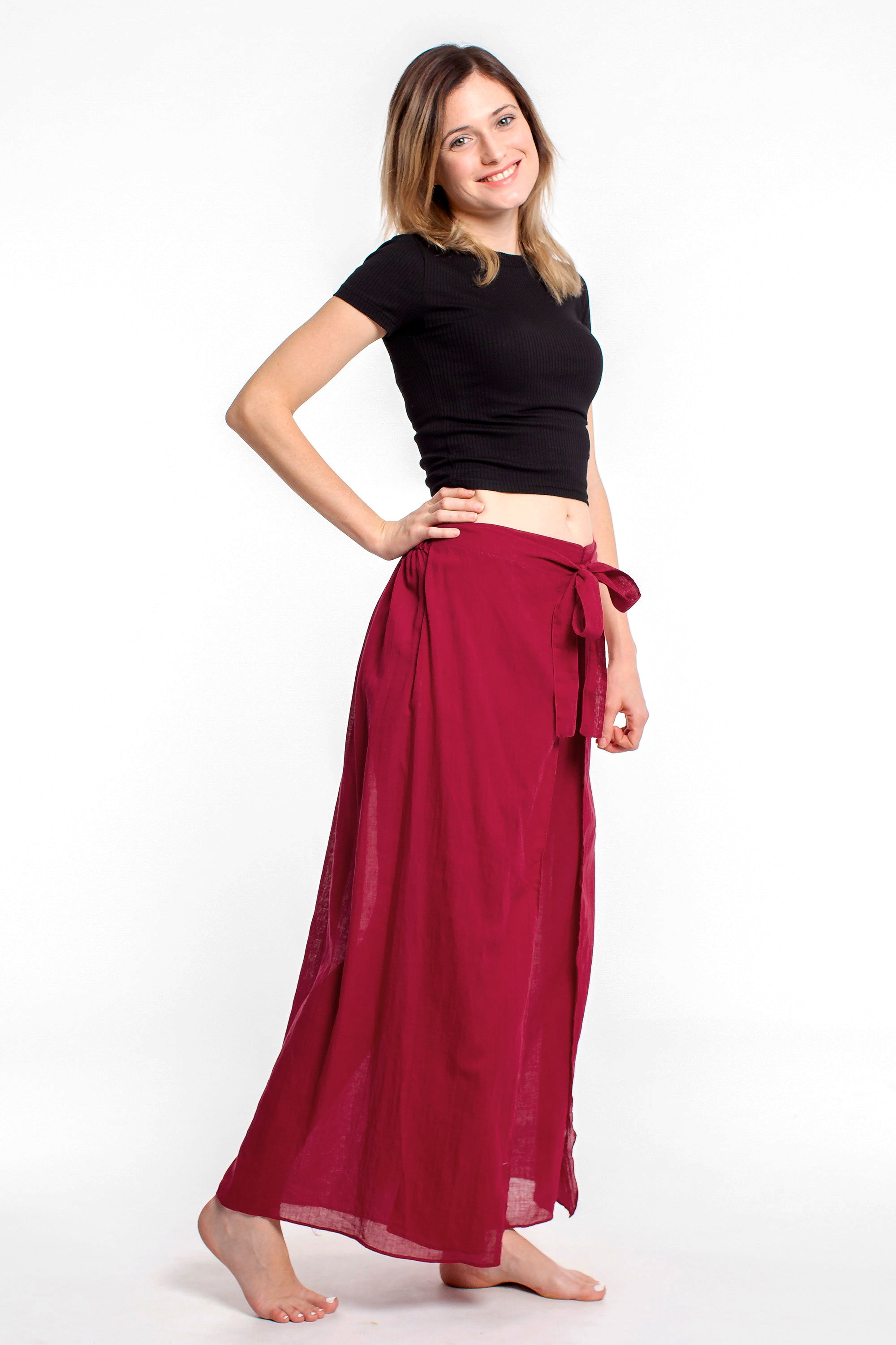 Women's Cotton Wrap Palazzo Pants in Solid Red