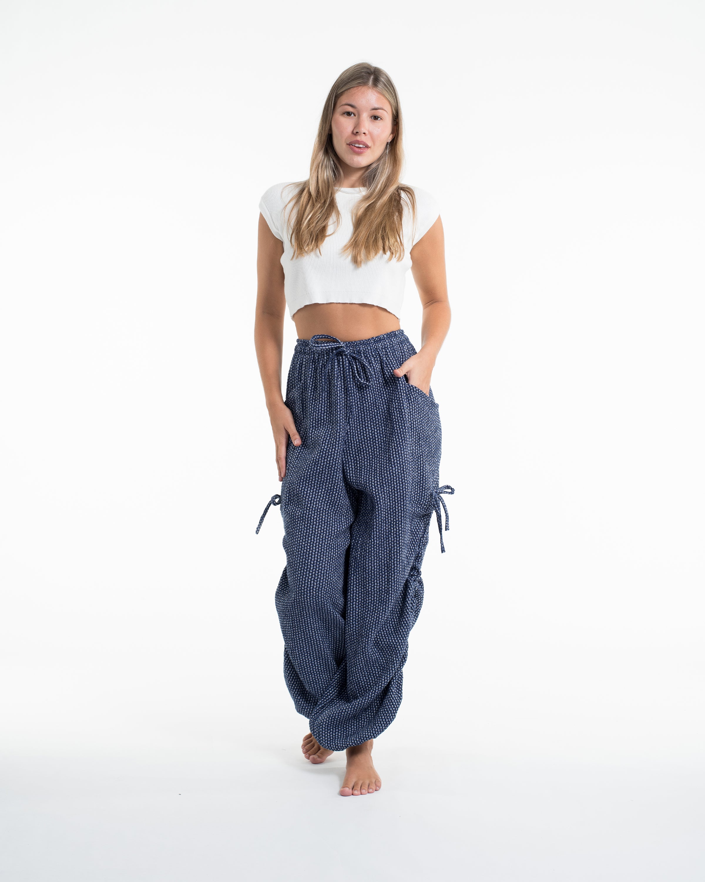 Women's Ribbed Linen Cotton Blend Pants in Blue