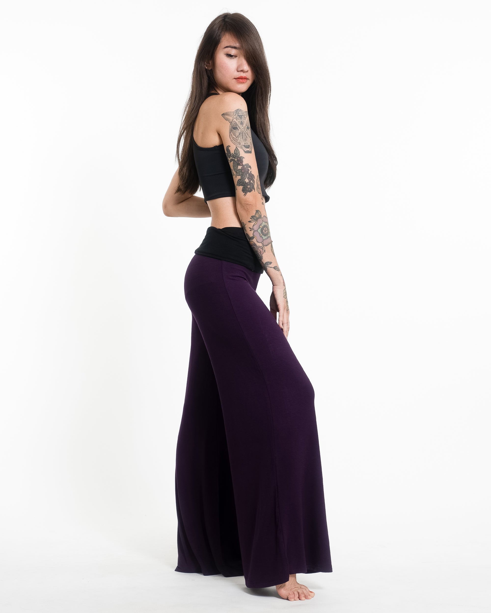 Birds Print Wide Leg Palazzo Harem Pants Cotton Spandex in Purple