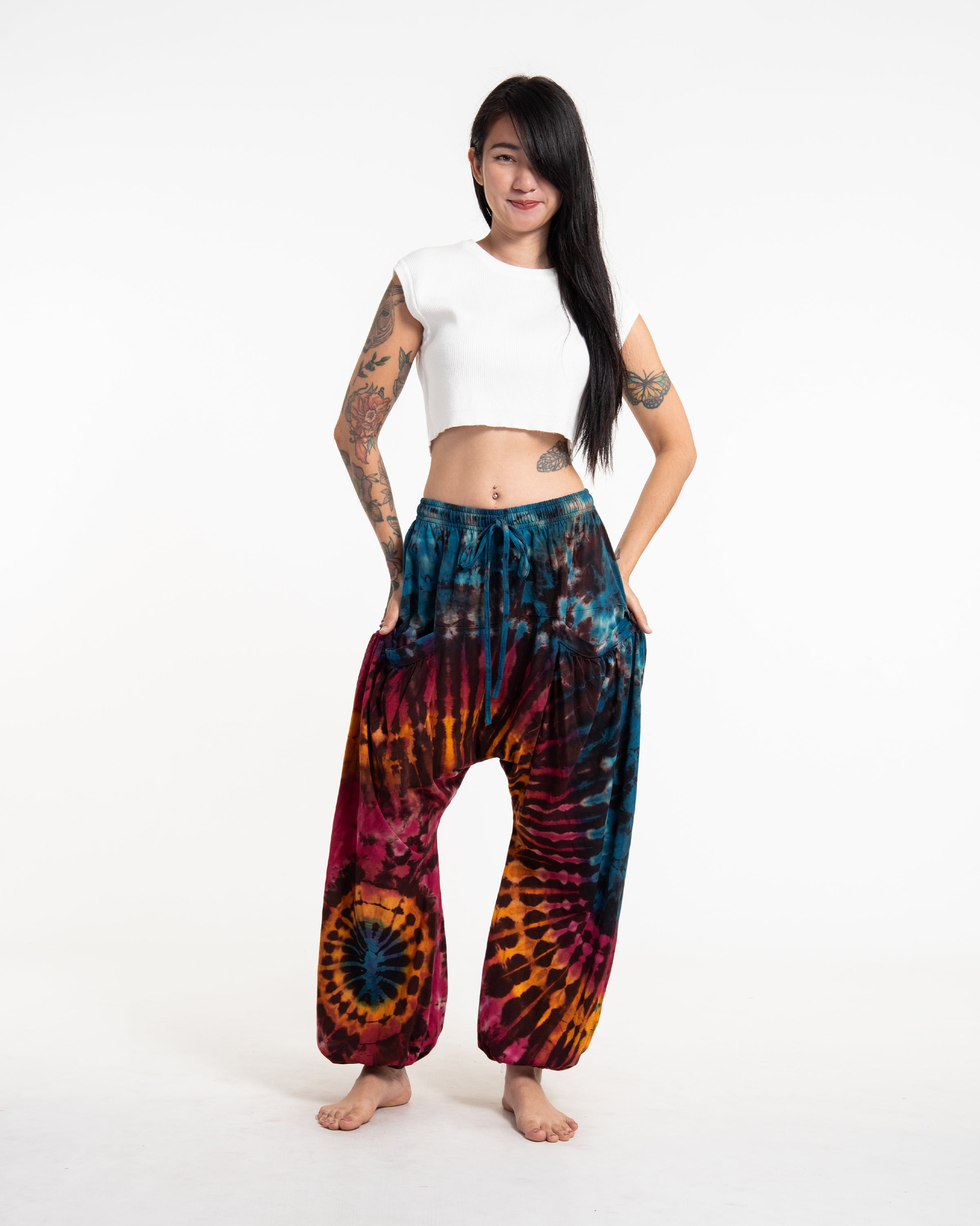Tie Dye Cotton Women Harem Pants in Blue Brown
