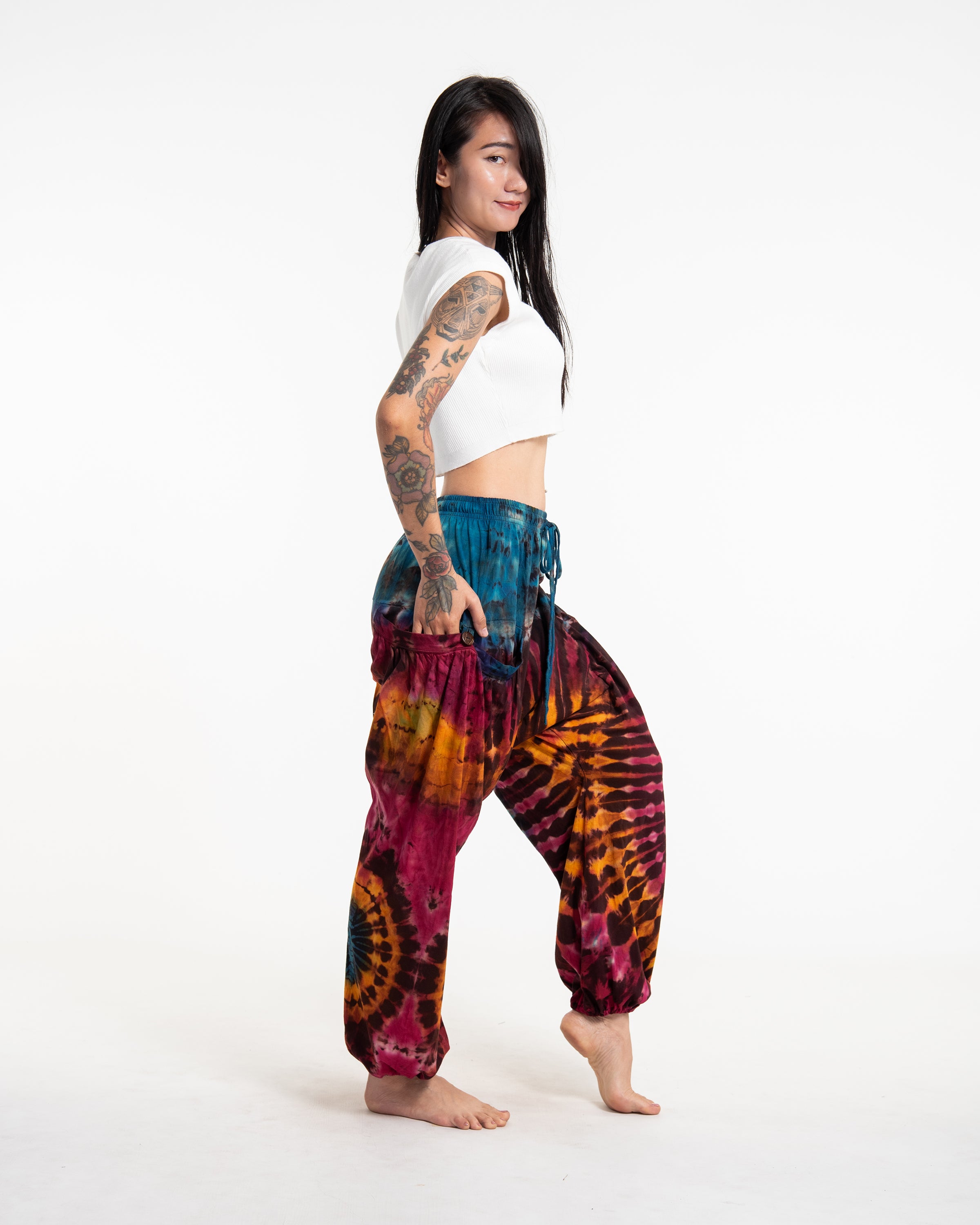 Tie Dye Cotton Women Harem Pants in Blue Brown
