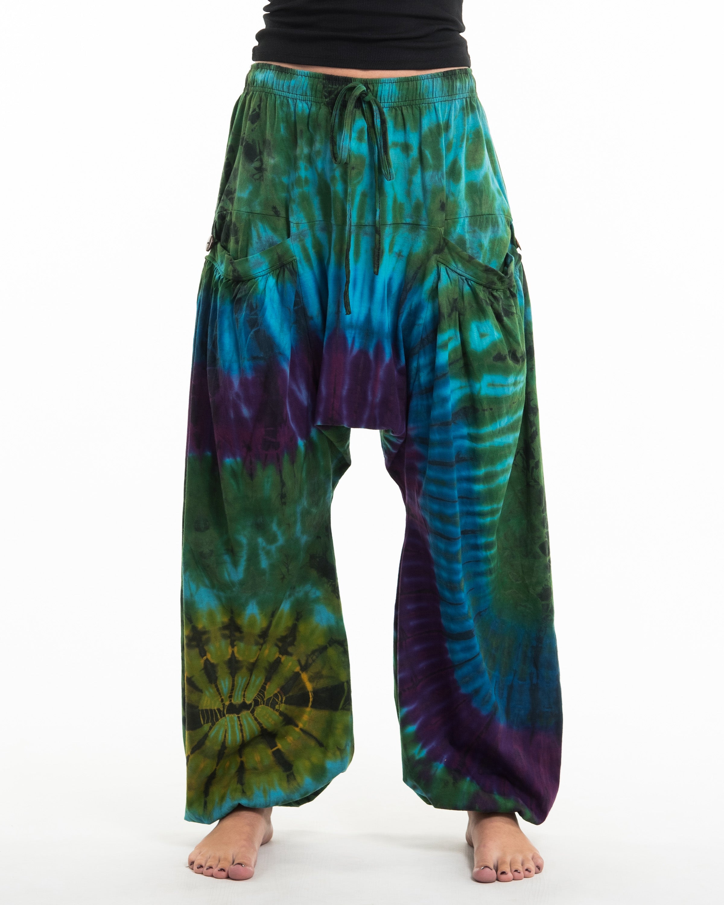 Tie Dye Cotton Women Harem Pants in Green Blue