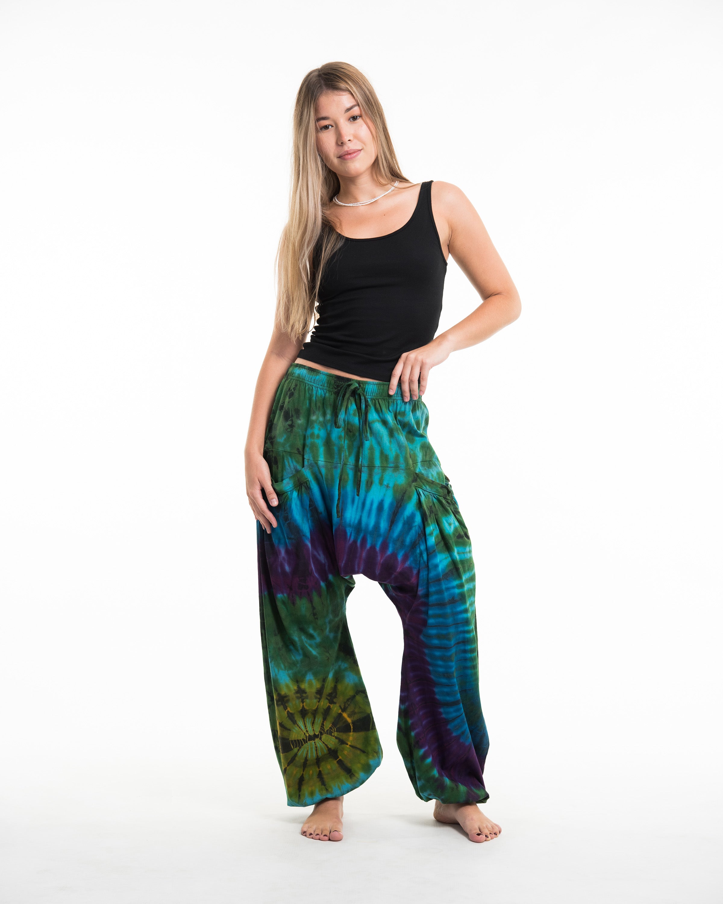 Tie Dye Cotton Women Harem Pants in Green Blue