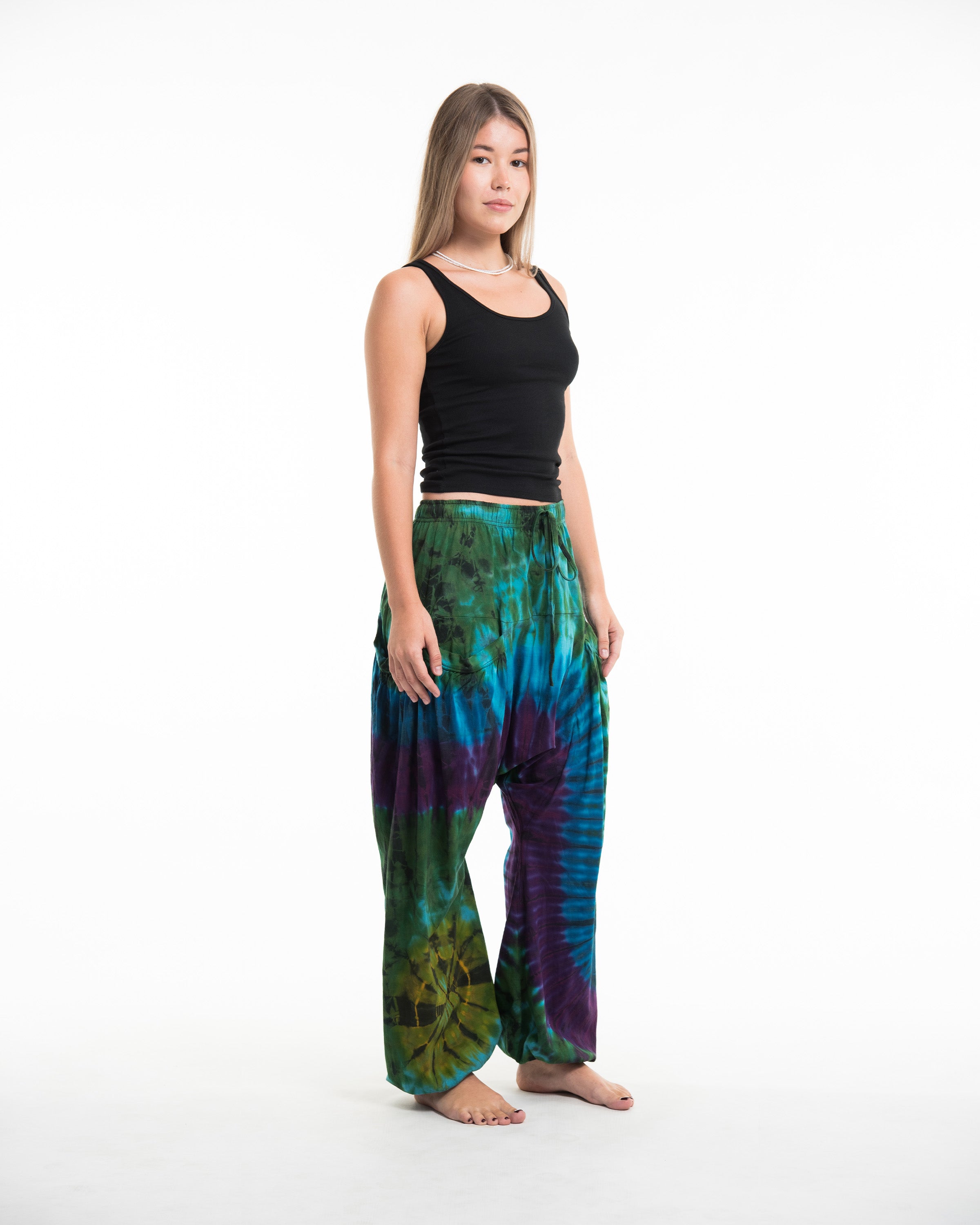 Tie Dye Cotton Women Harem Pants in Green Blue