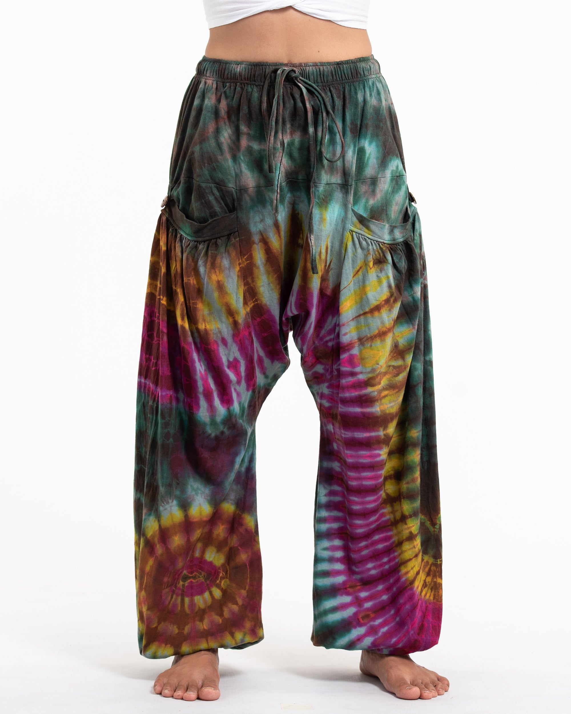 Tie Dye Cotton Women Harem Pants in Green Pink