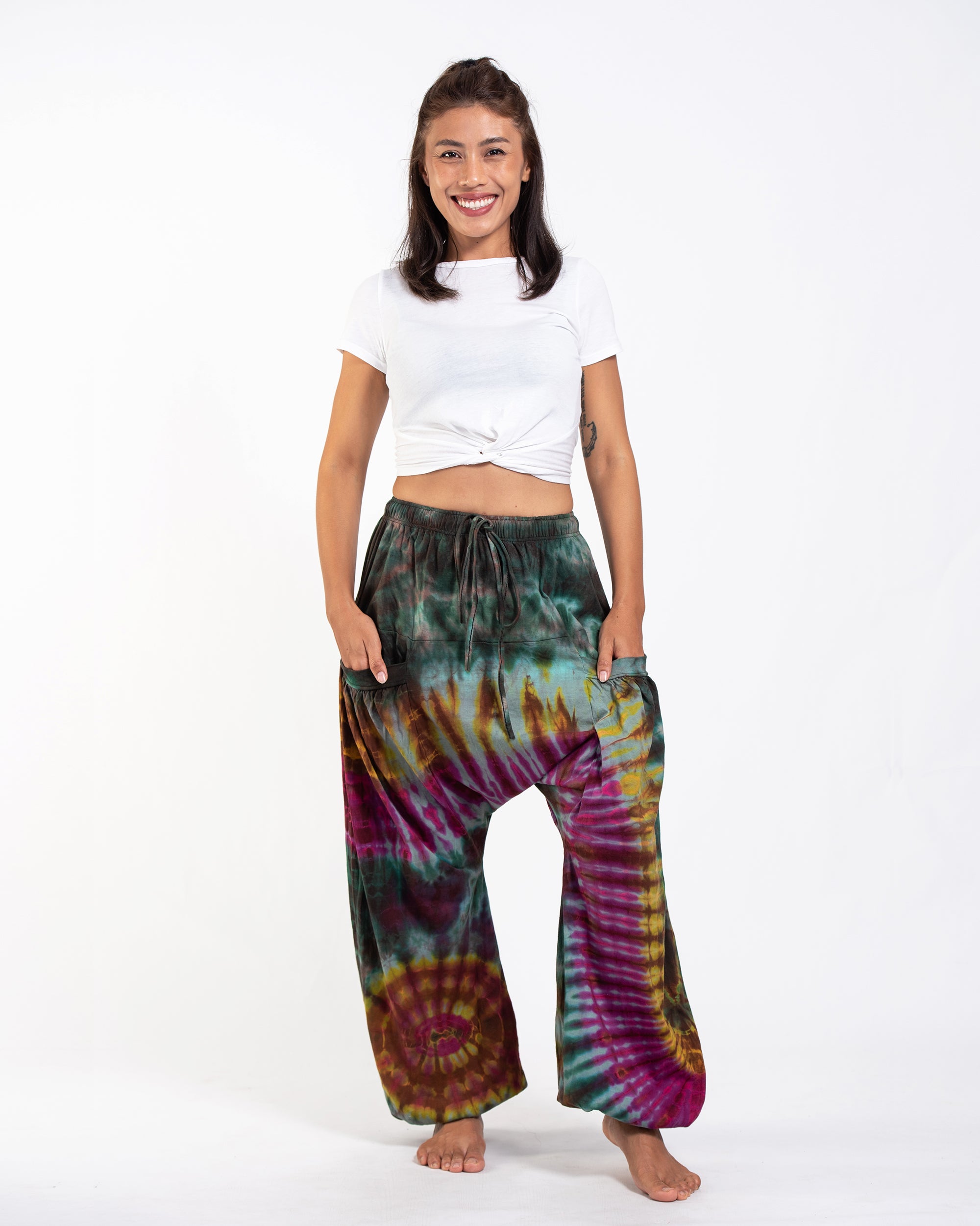 Tie Dye Cotton Women Harem Pants in Green Pink