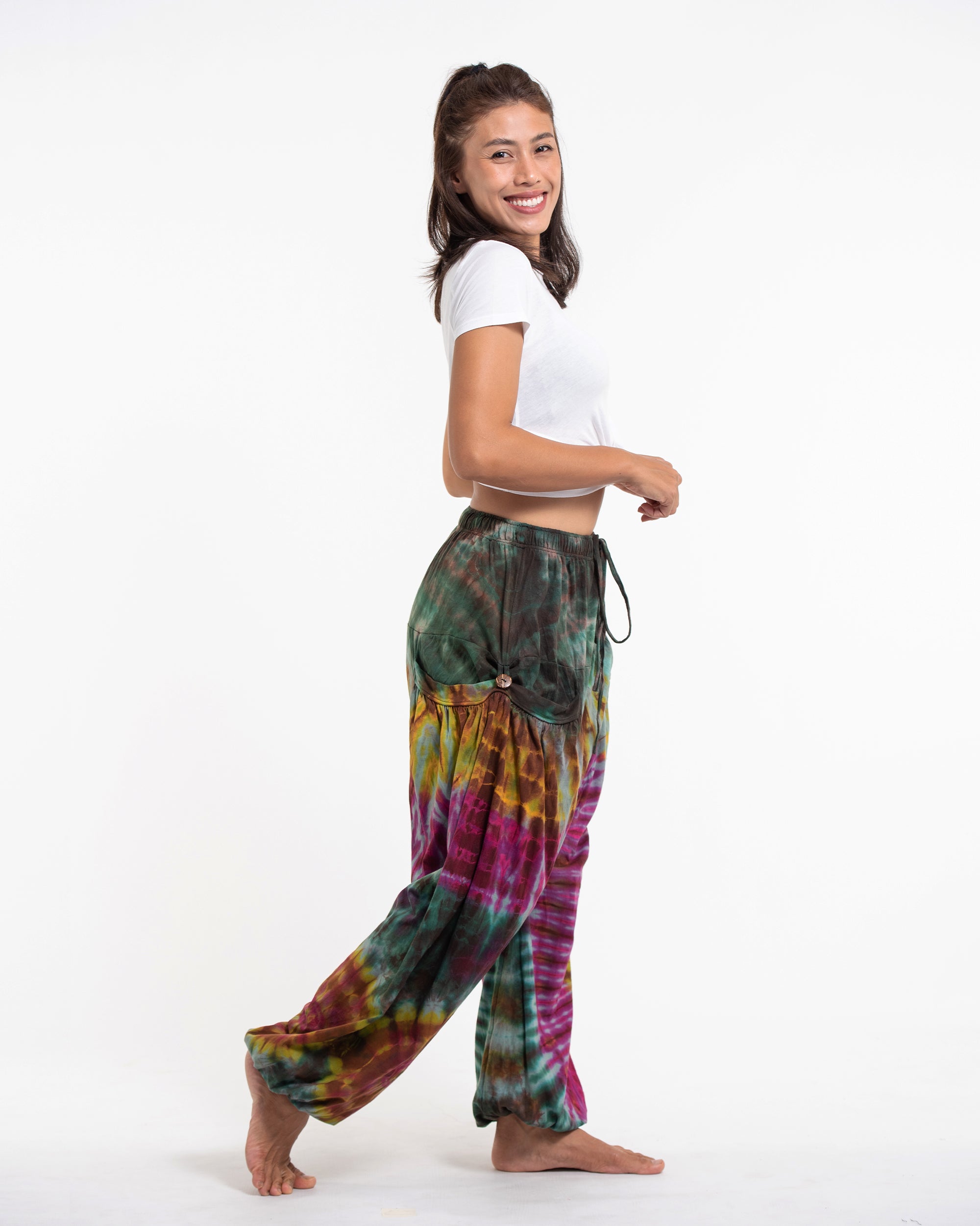 Tie Dye Cotton Women Harem Pants in Green Pink
