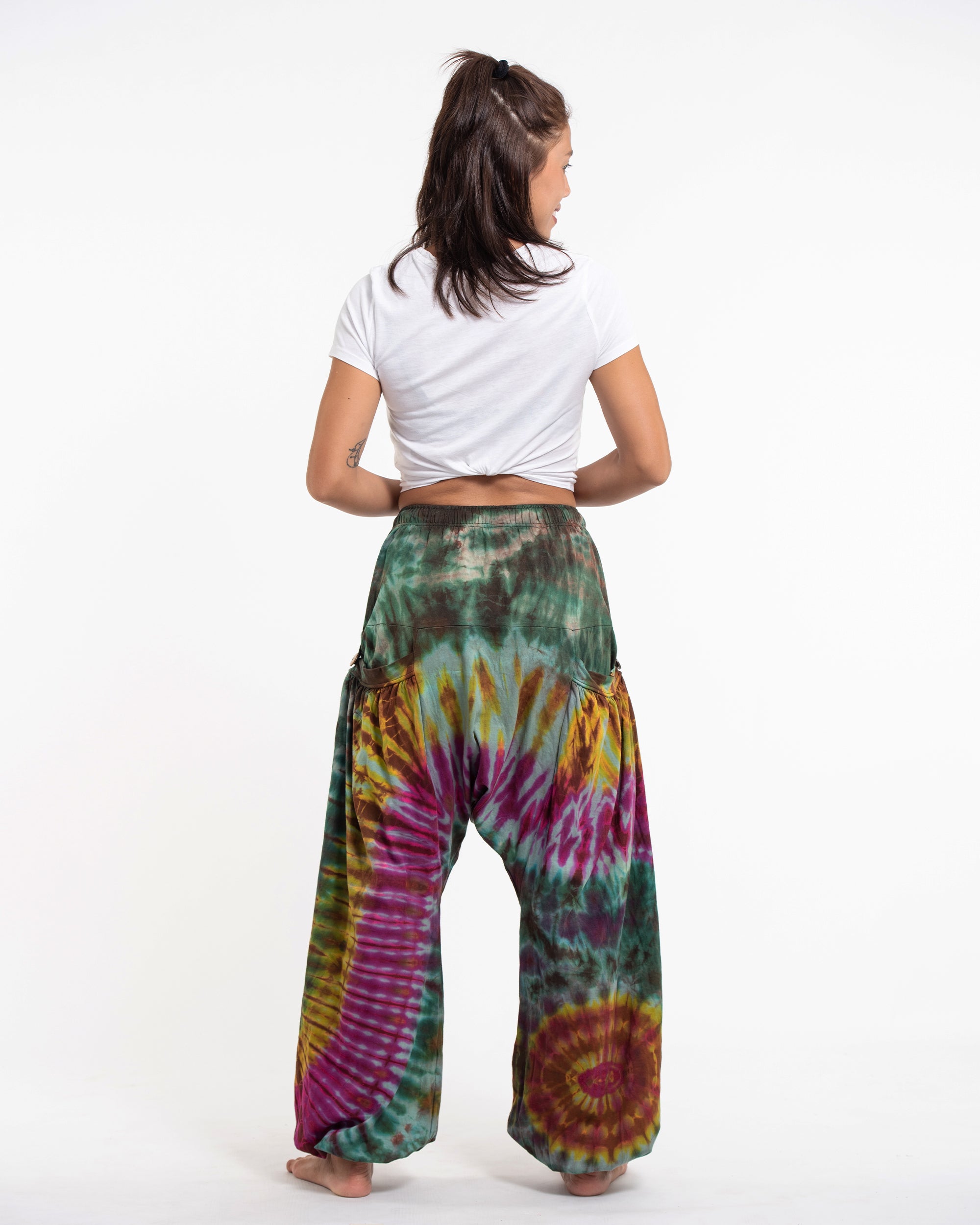 Tie Dye Cotton Women Harem Pants in Green Pink