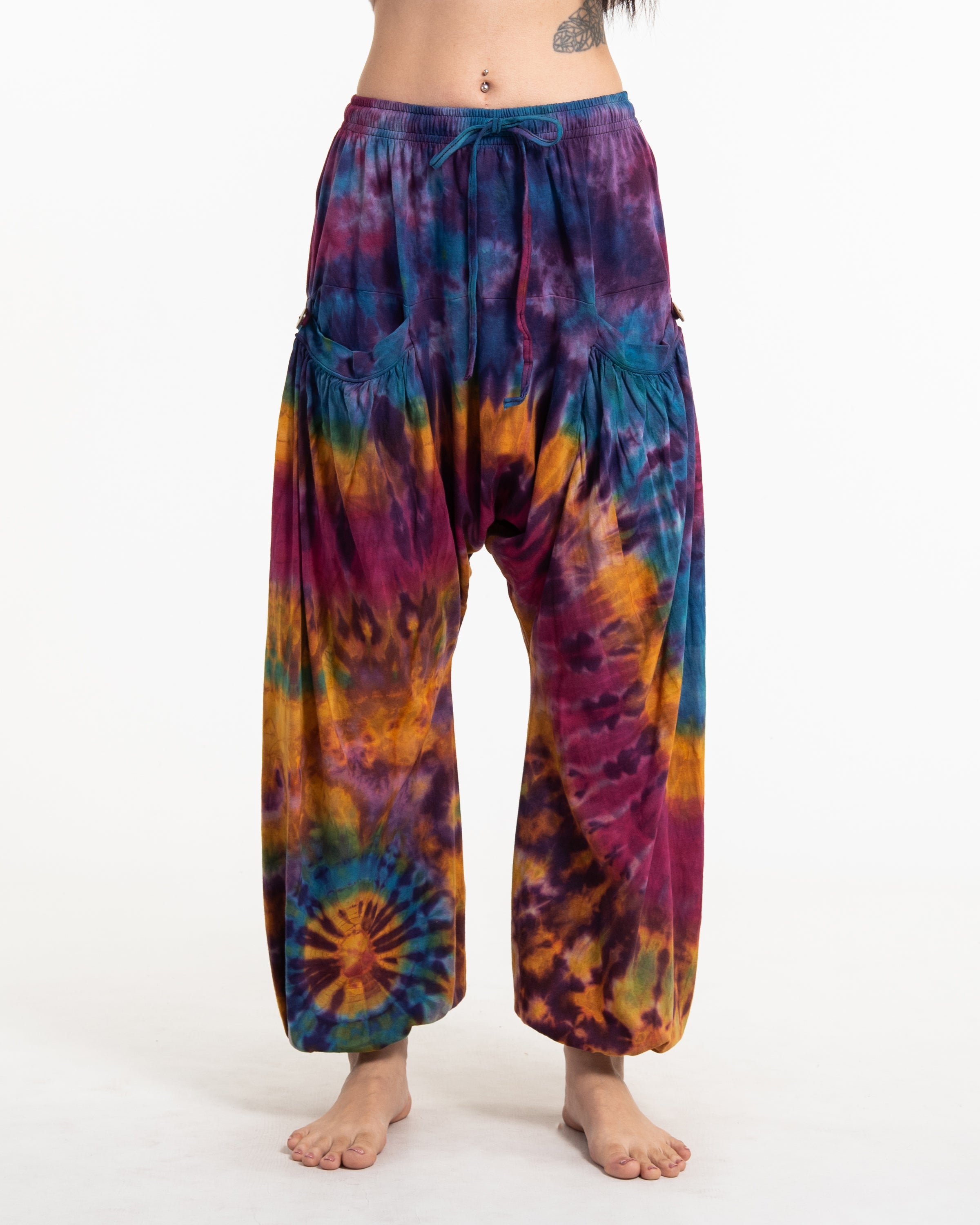 Tie Dye Cotton Women Harem Pants in Purple Rainbow