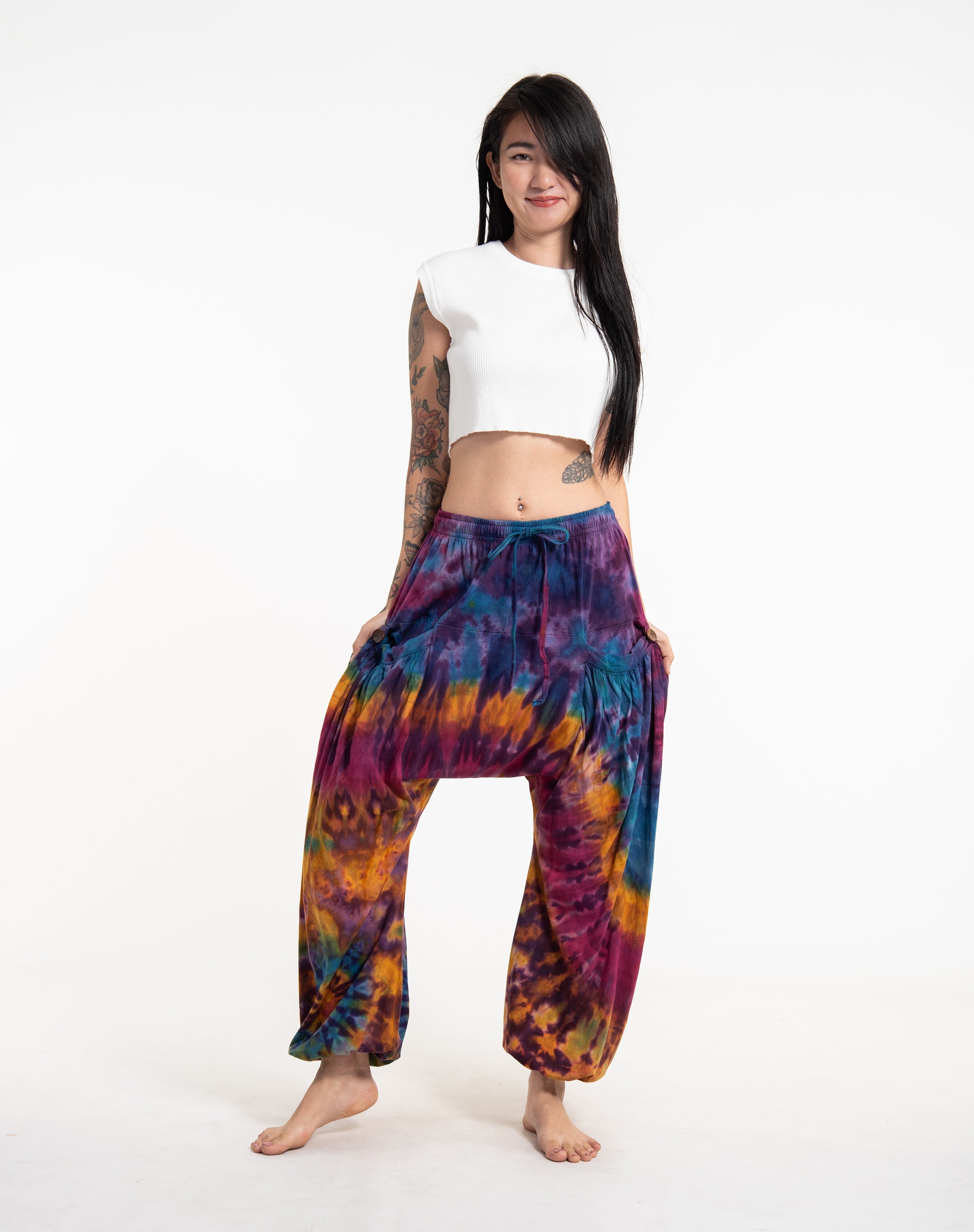 Tie Dye Cotton Women Harem Pants in Purple Rainbow