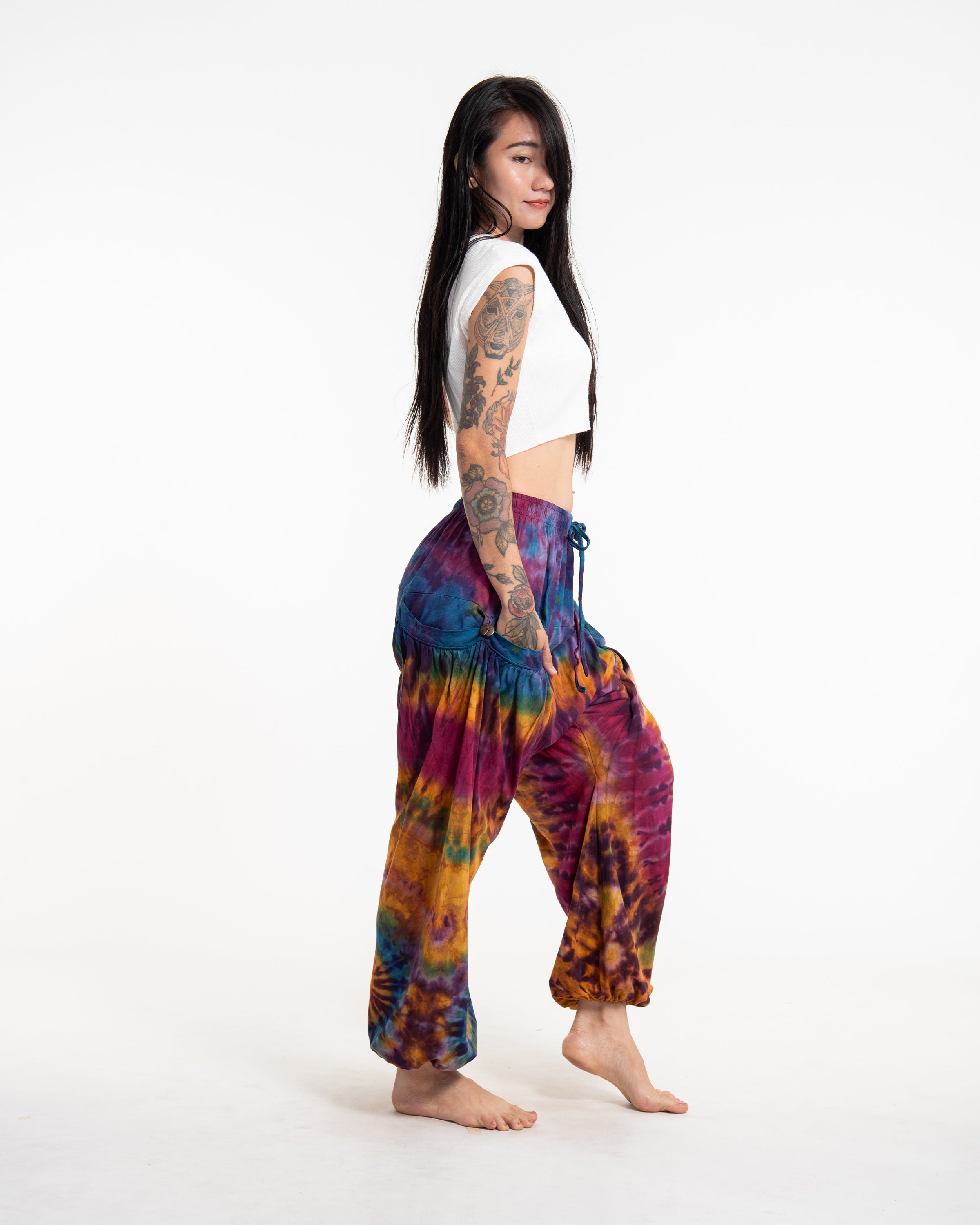 Tie Dye Cotton Women Harem Pants in Purple Rainbow