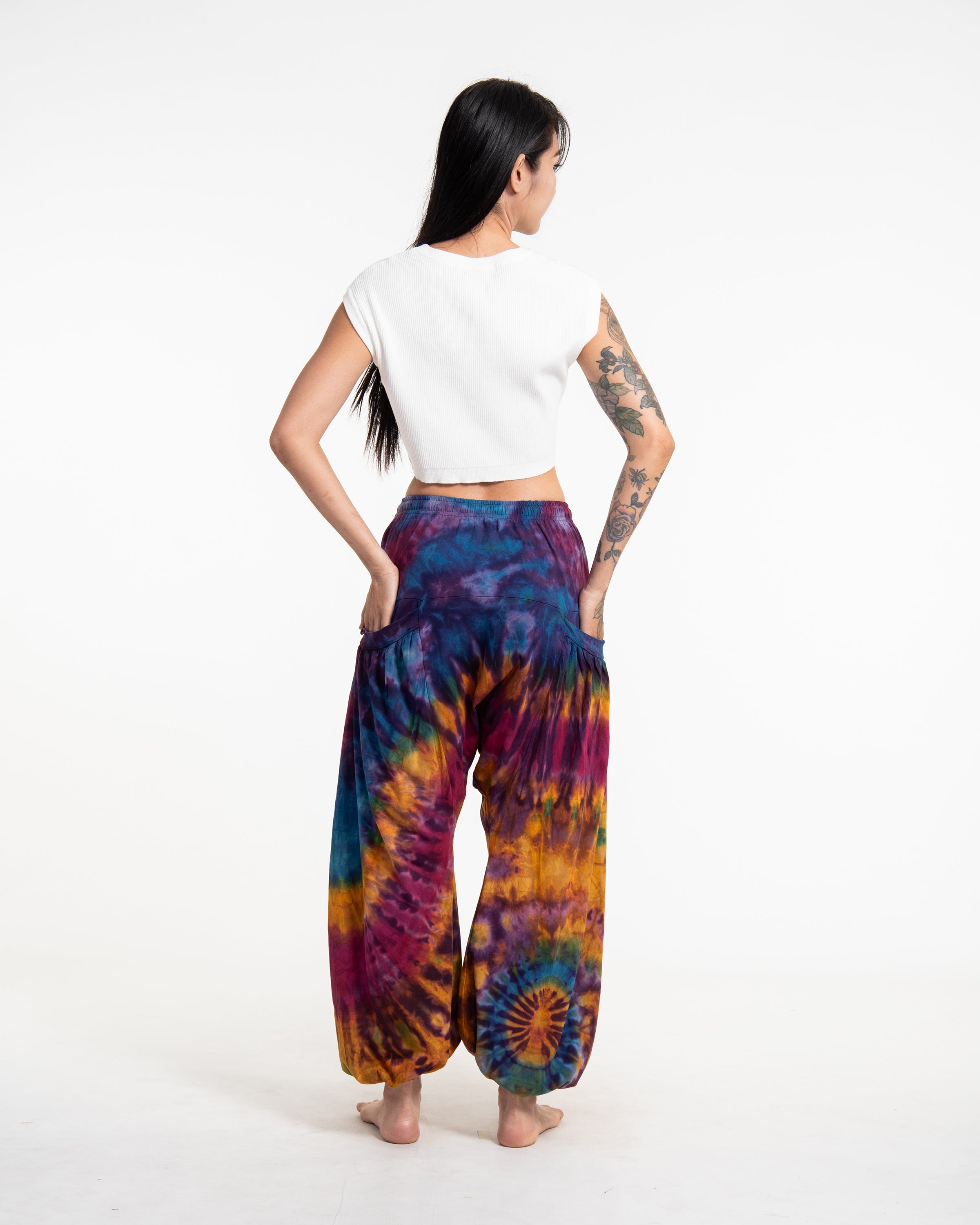 Tie Dye Cotton Women Harem Pants in Purple Rainbow