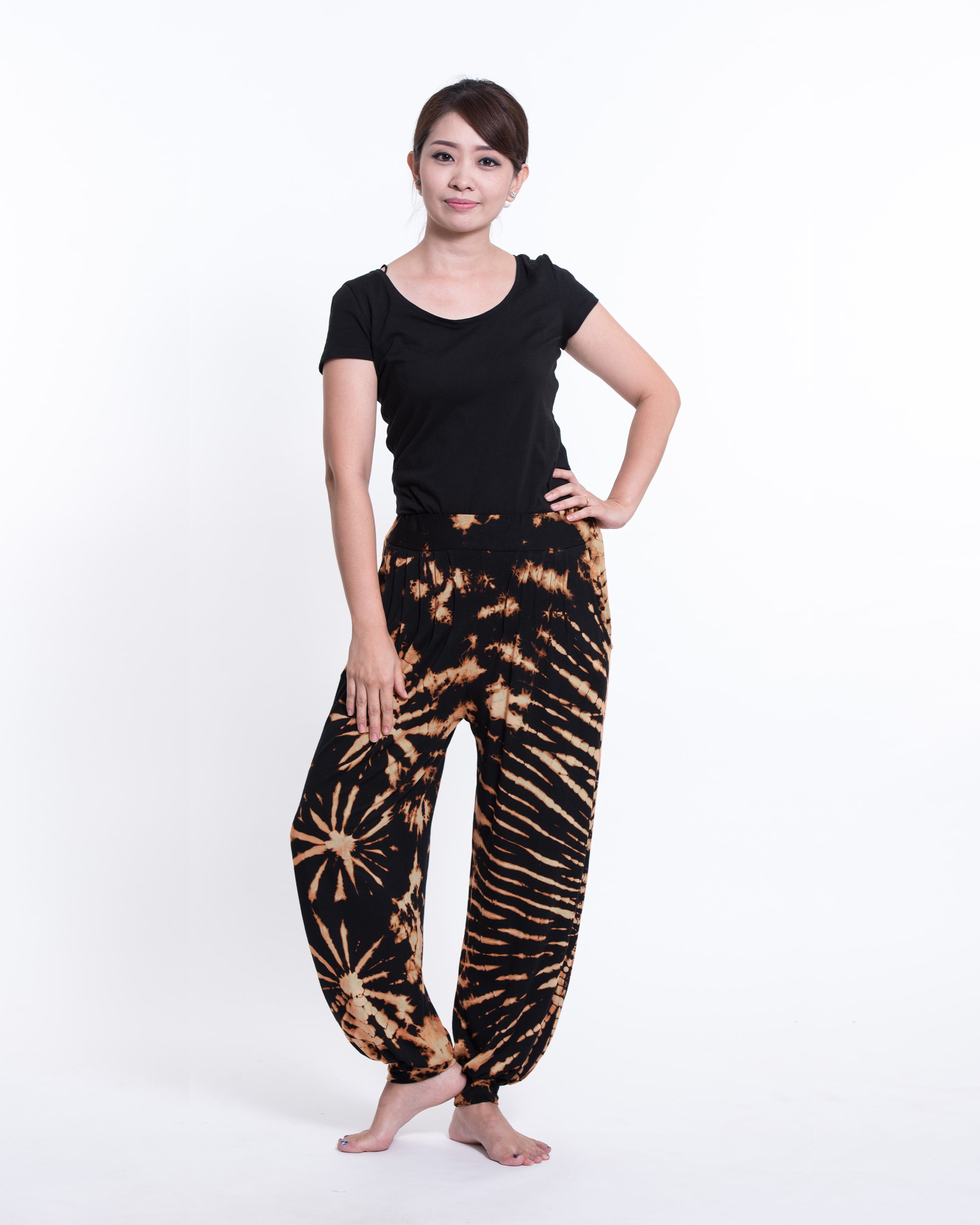 Soft Flex Womens Tie Dye Harem Pants in Black Orange