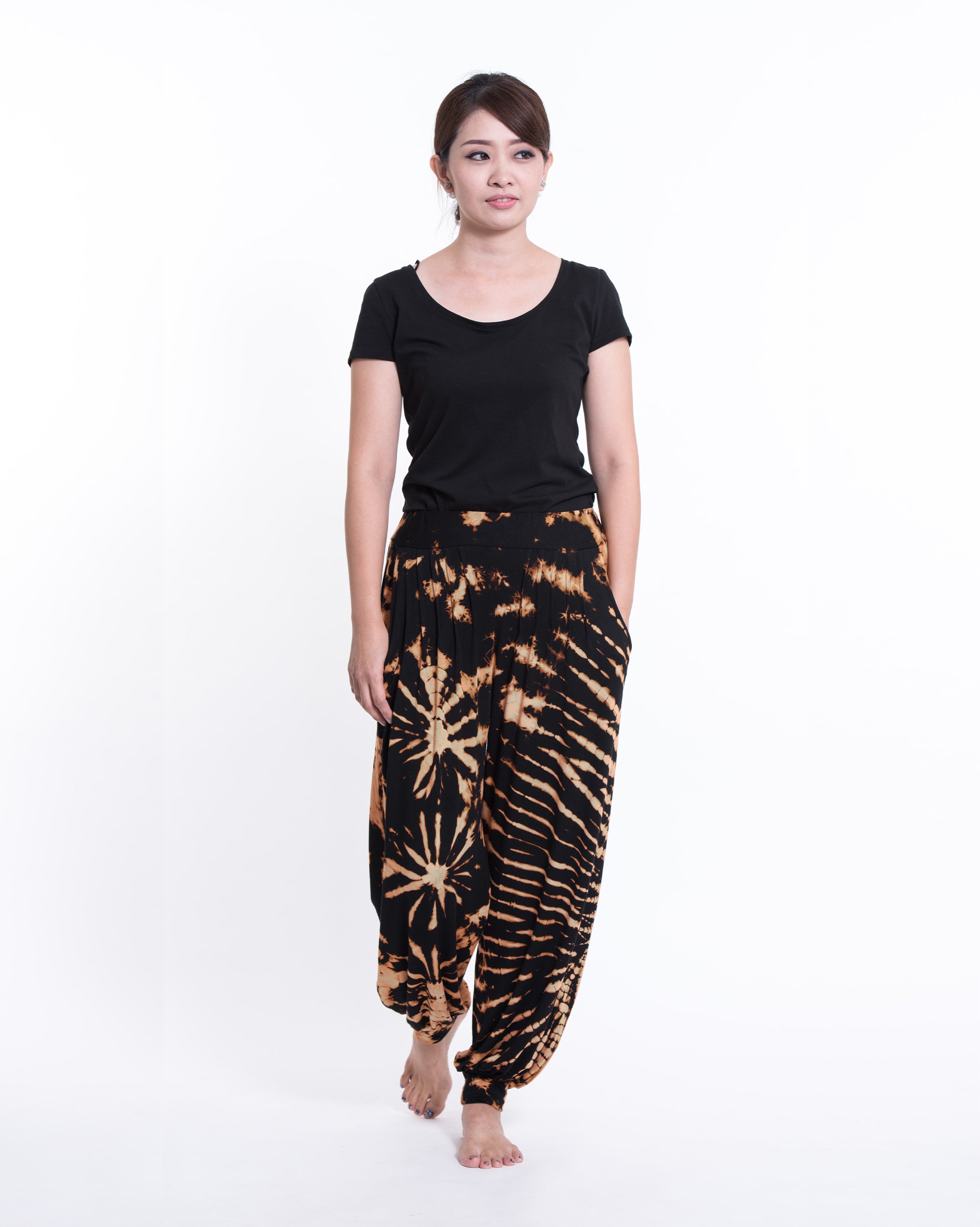 Soft Flex Womens Tie Dye Harem Pants in Black Orange