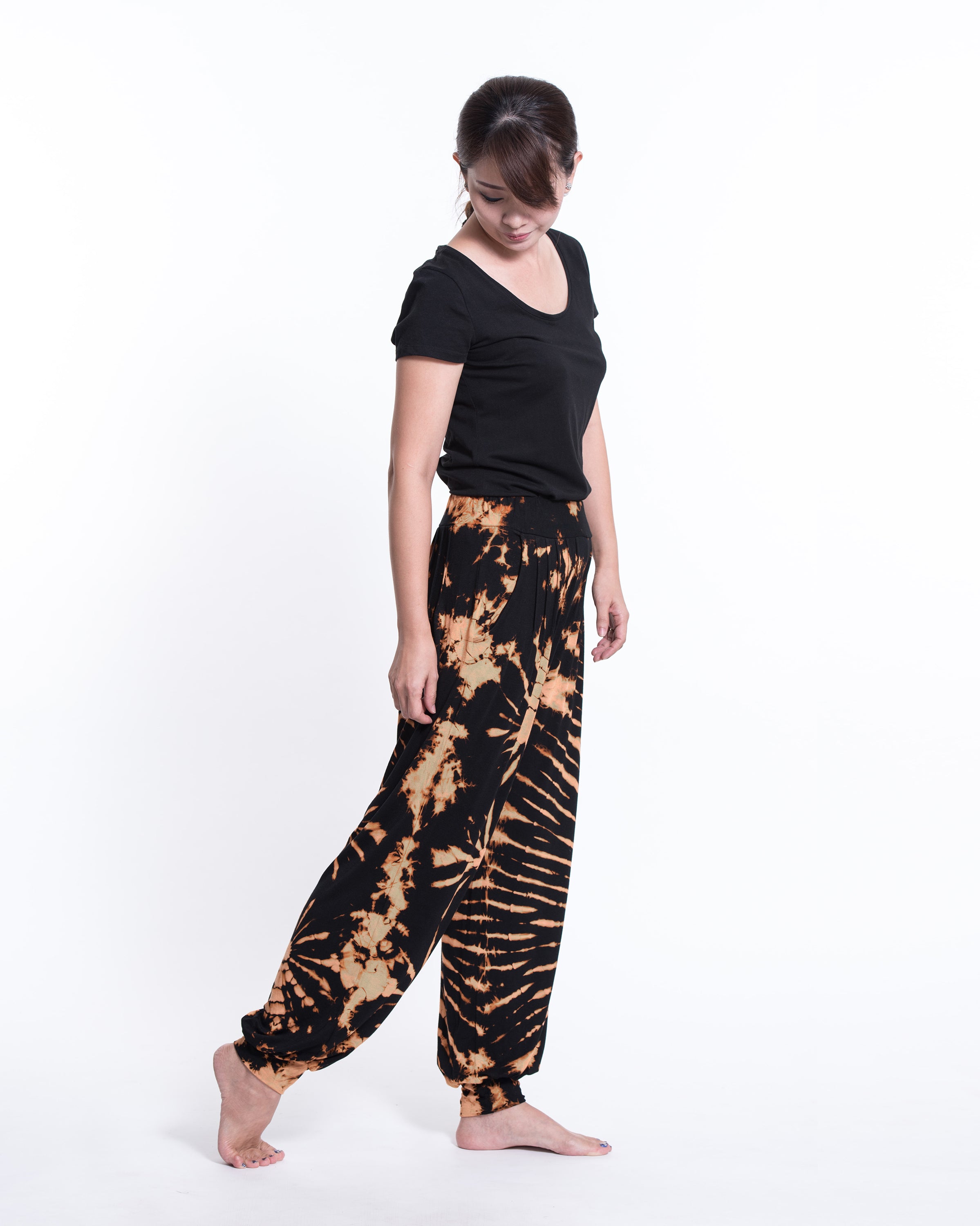 Soft Flex Womens Tie Dye Harem Pants in Black Orange