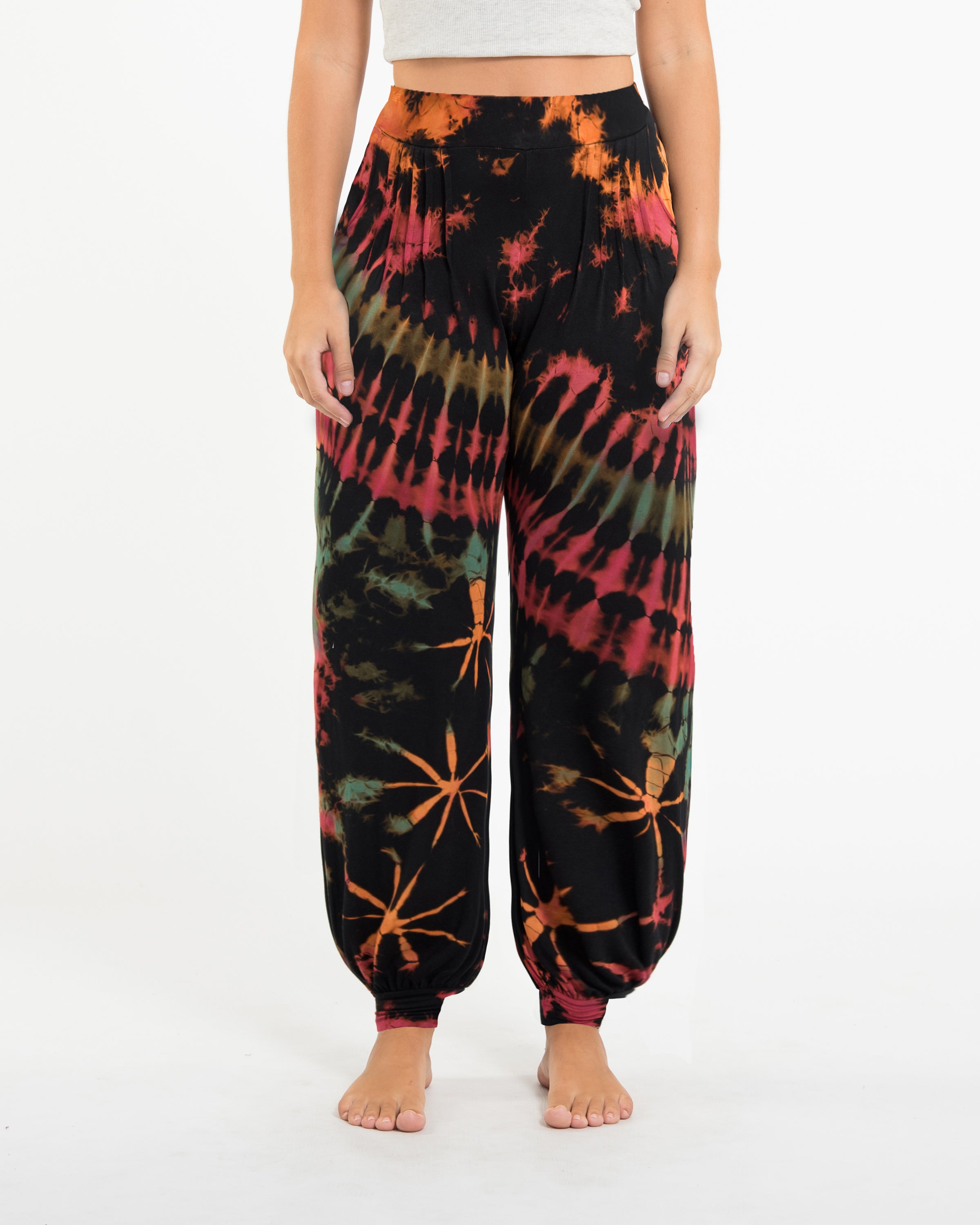 Soft Flex Womens Tie Dye Harem Pants in Black Pink