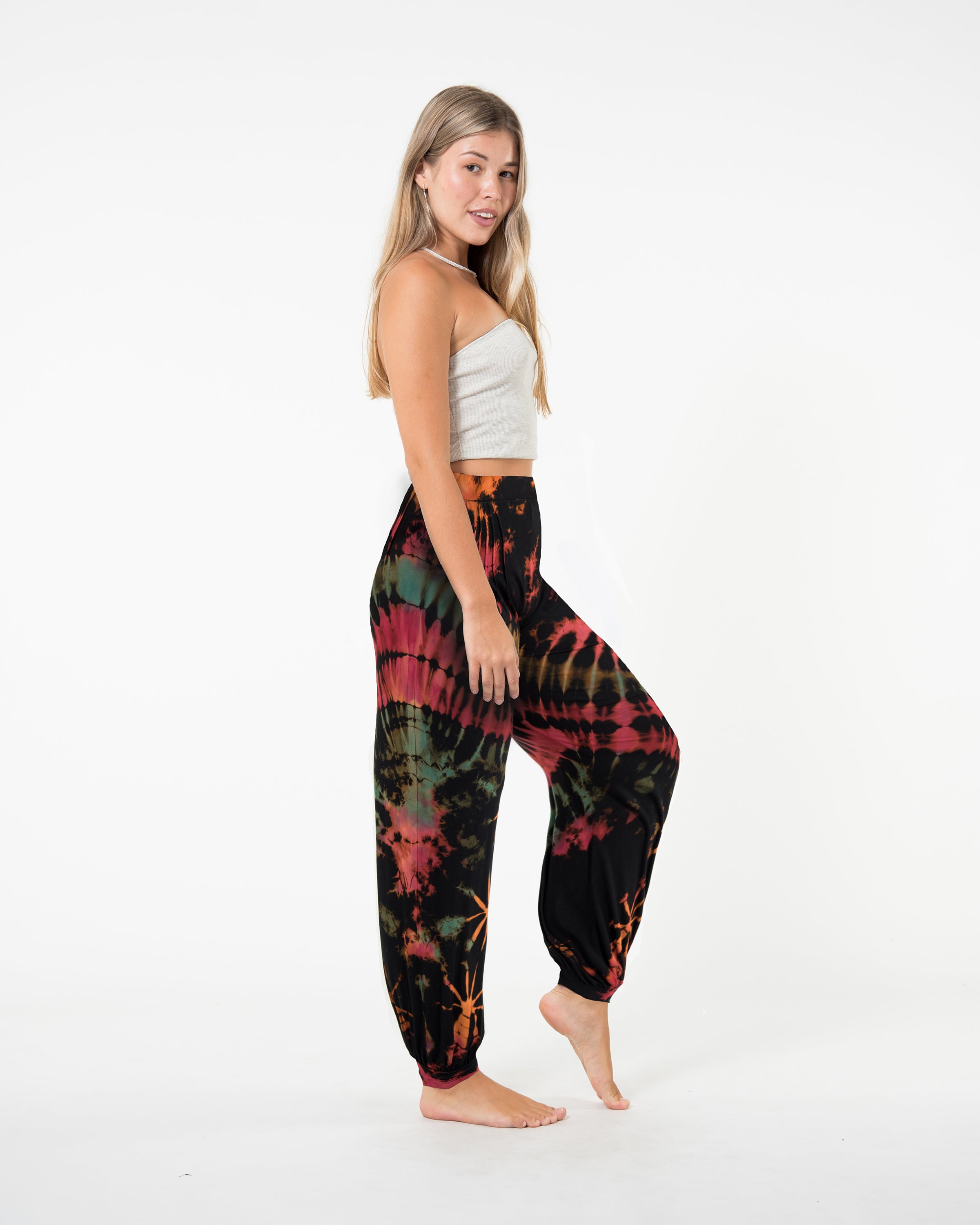 Soft Flex Womens Tie Dye Harem Pants in Black Pink