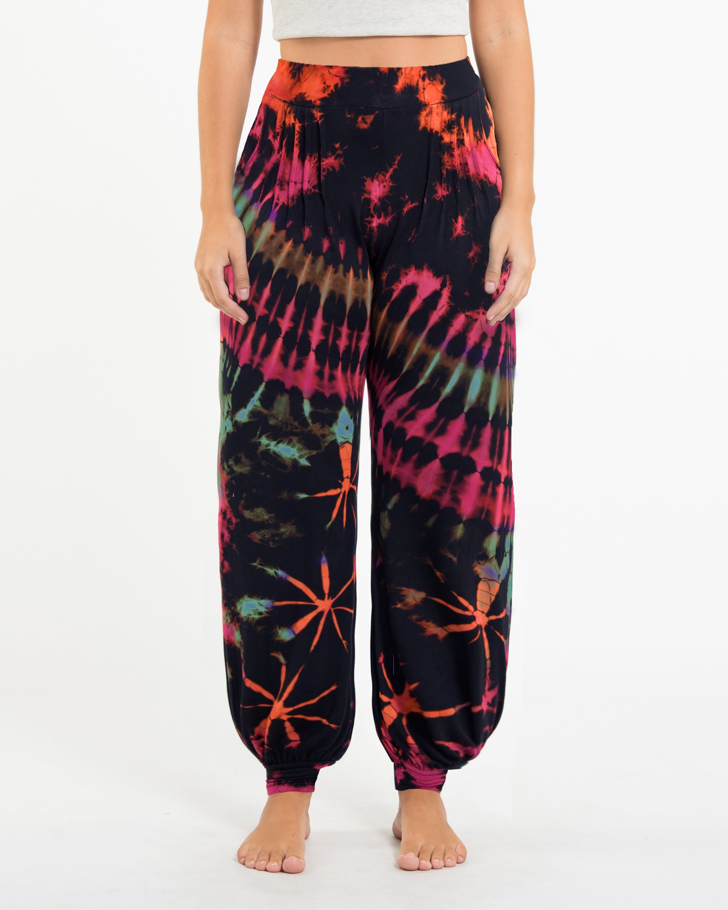 Soft Flex Womens Tie Dye Harem Pants in Black Pink