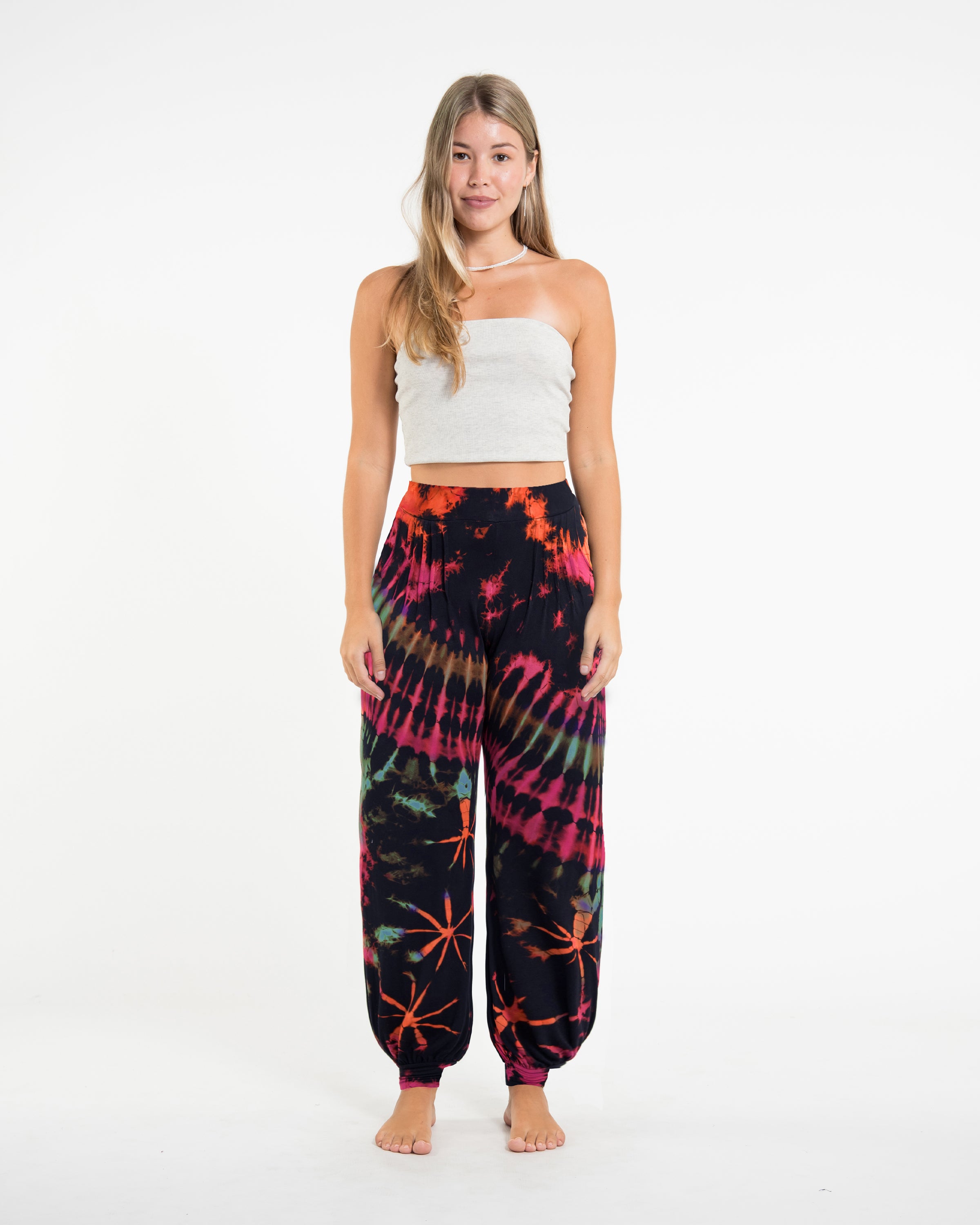 Soft Flex Womens Tie Dye Harem Pants in Black Pink