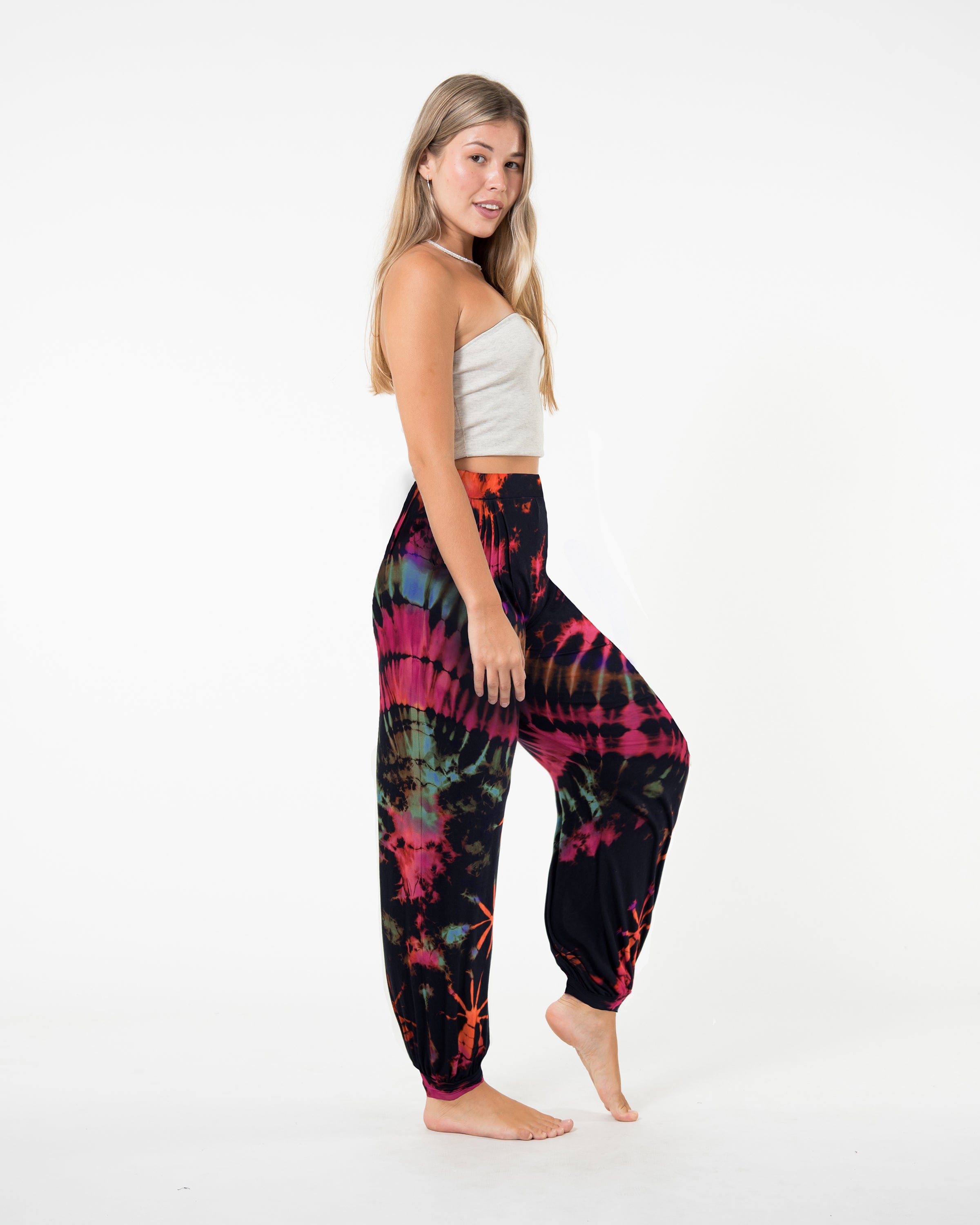 Soft Flex Womens Tie Dye Harem Pants in Black Pink