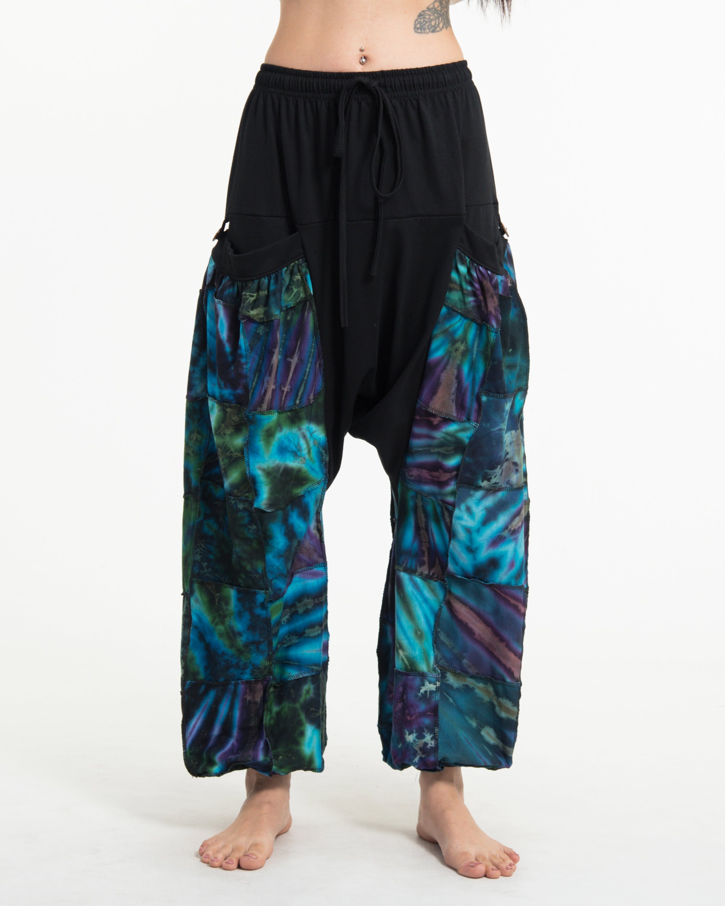 Tie Dye Cotton Women Harem Pants in Patchwork Black