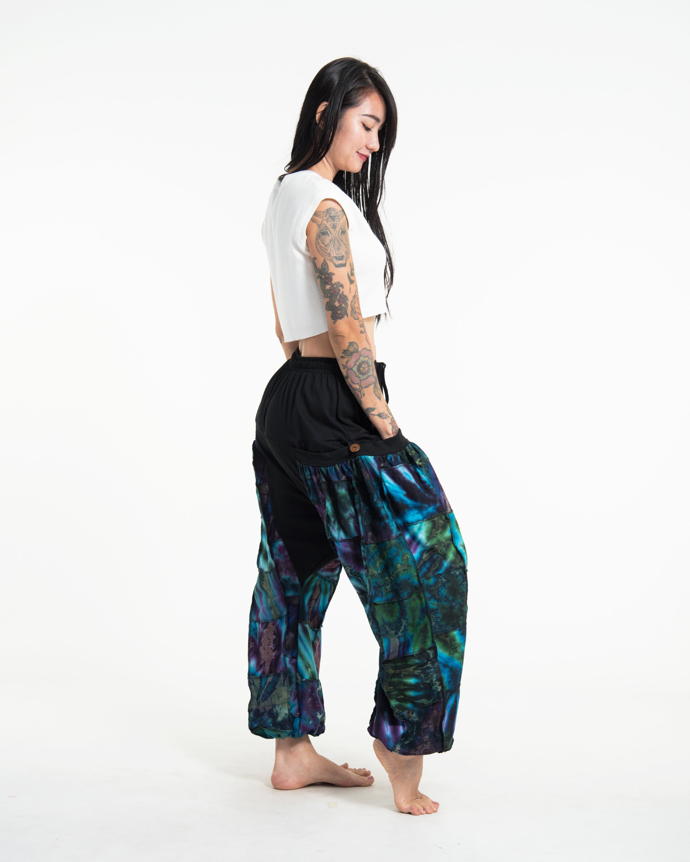 Tie Dye Cotton Women Harem Pants in Patchwork Black