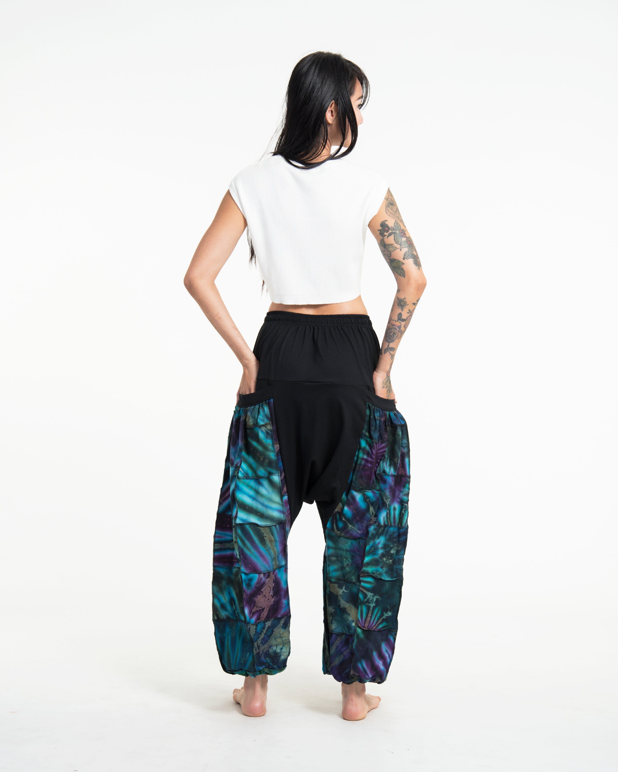 Tie Dye Cotton Women Harem Pants in Patchwork Black