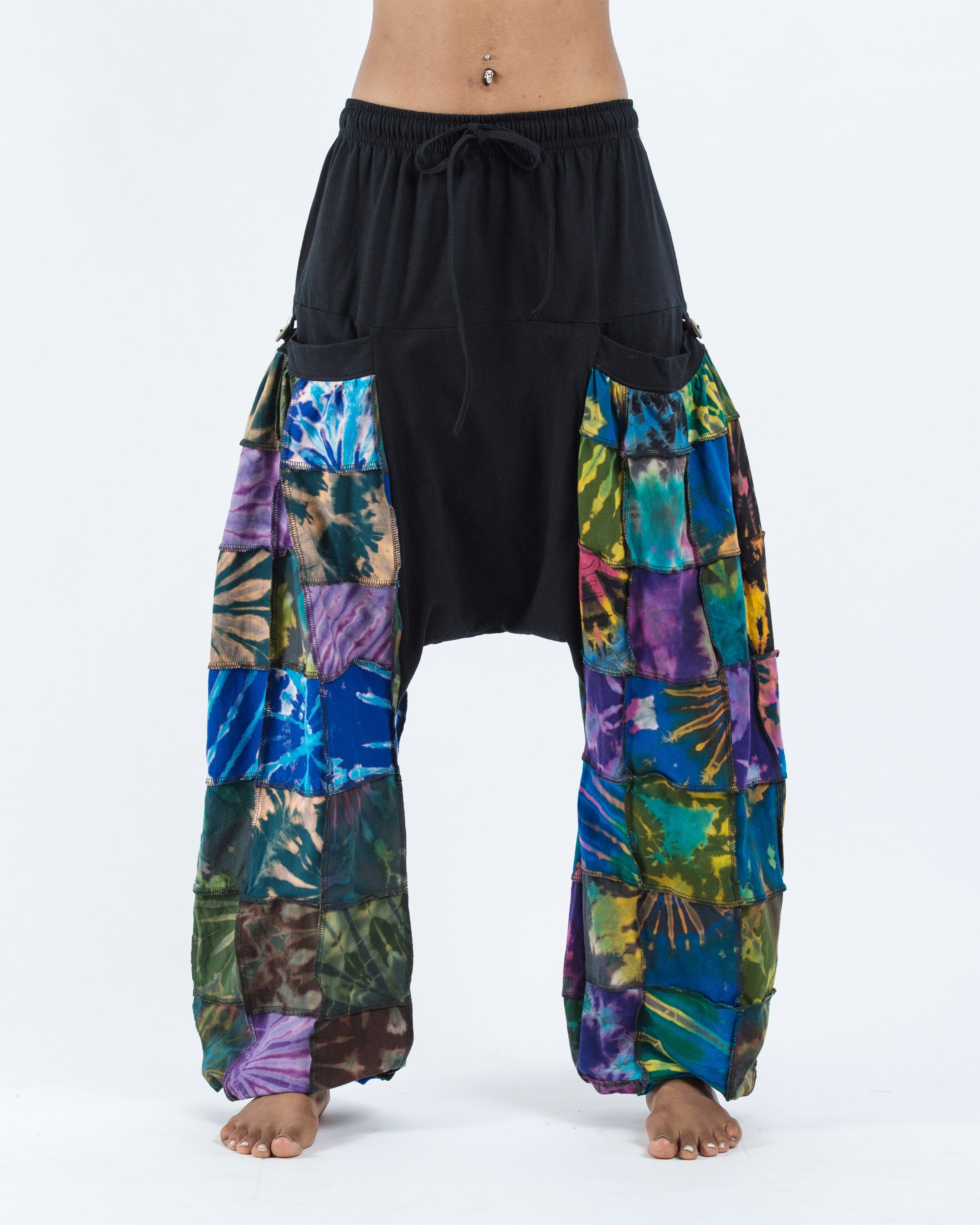 Tie Dye Cotton Women Harem Pants in Patchwork Black