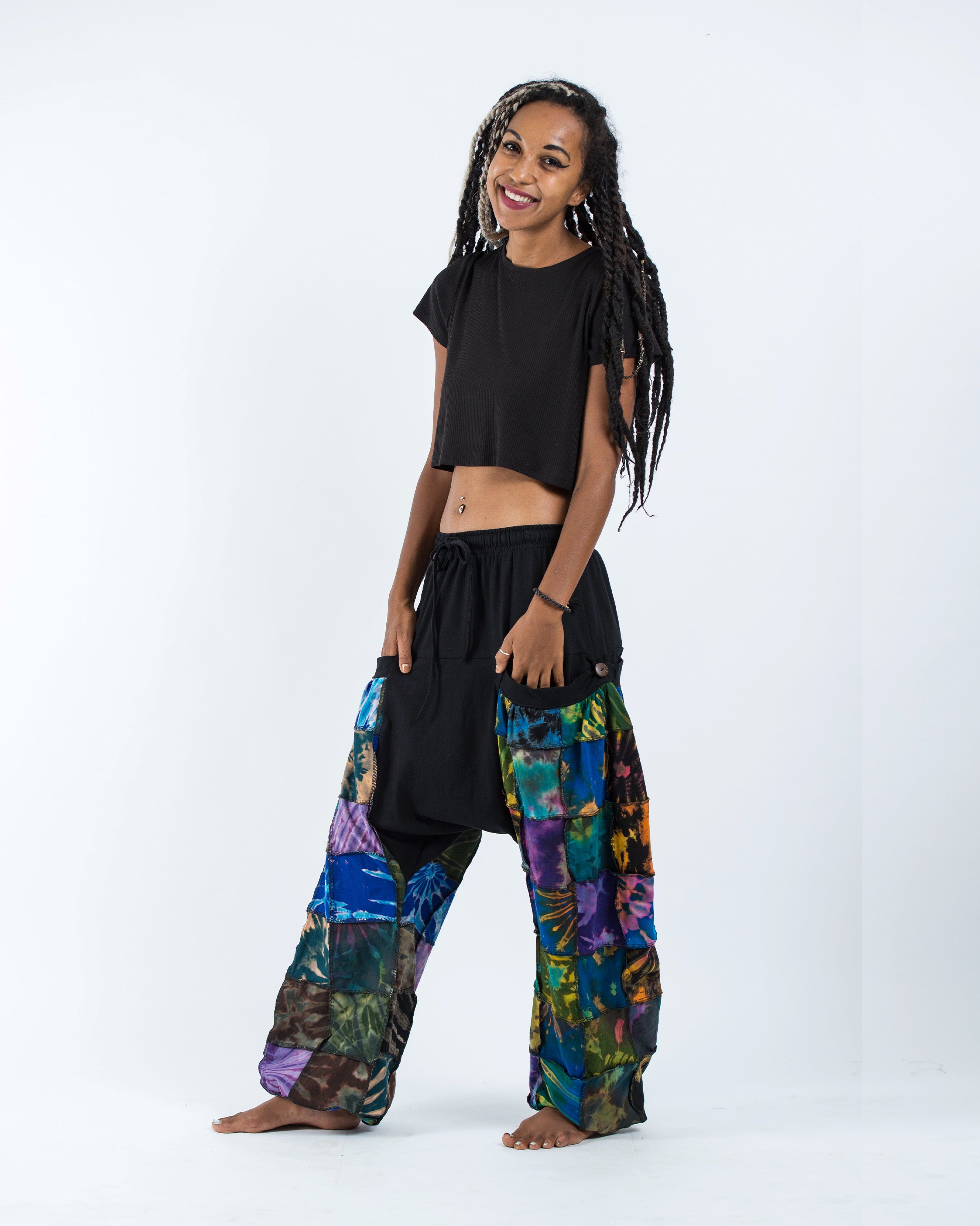 Tie Dye Cotton Women Harem Pants in Patchwork Black