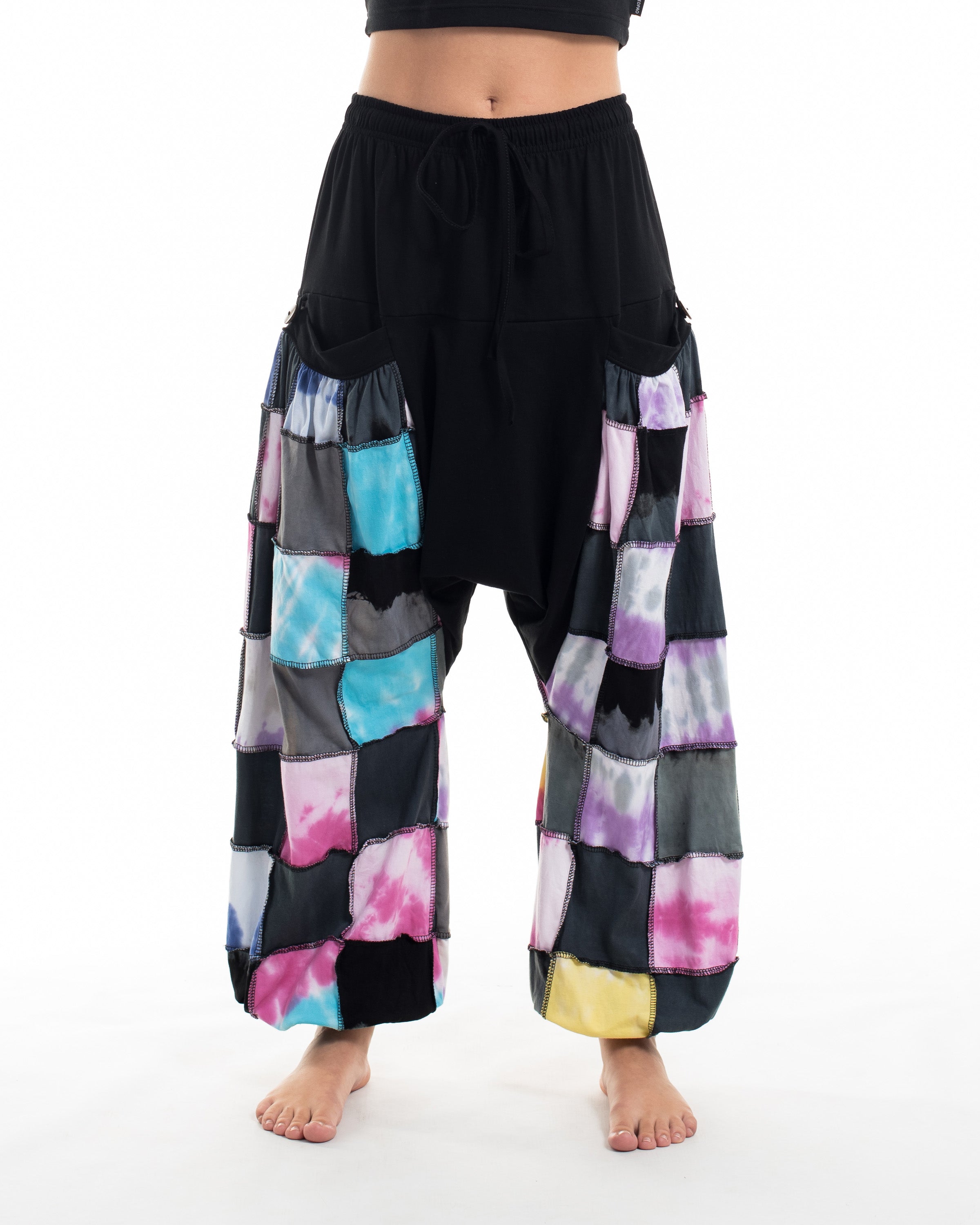 Tie Dye Cotton Women Harem Pants in Patchwork Black Candy
