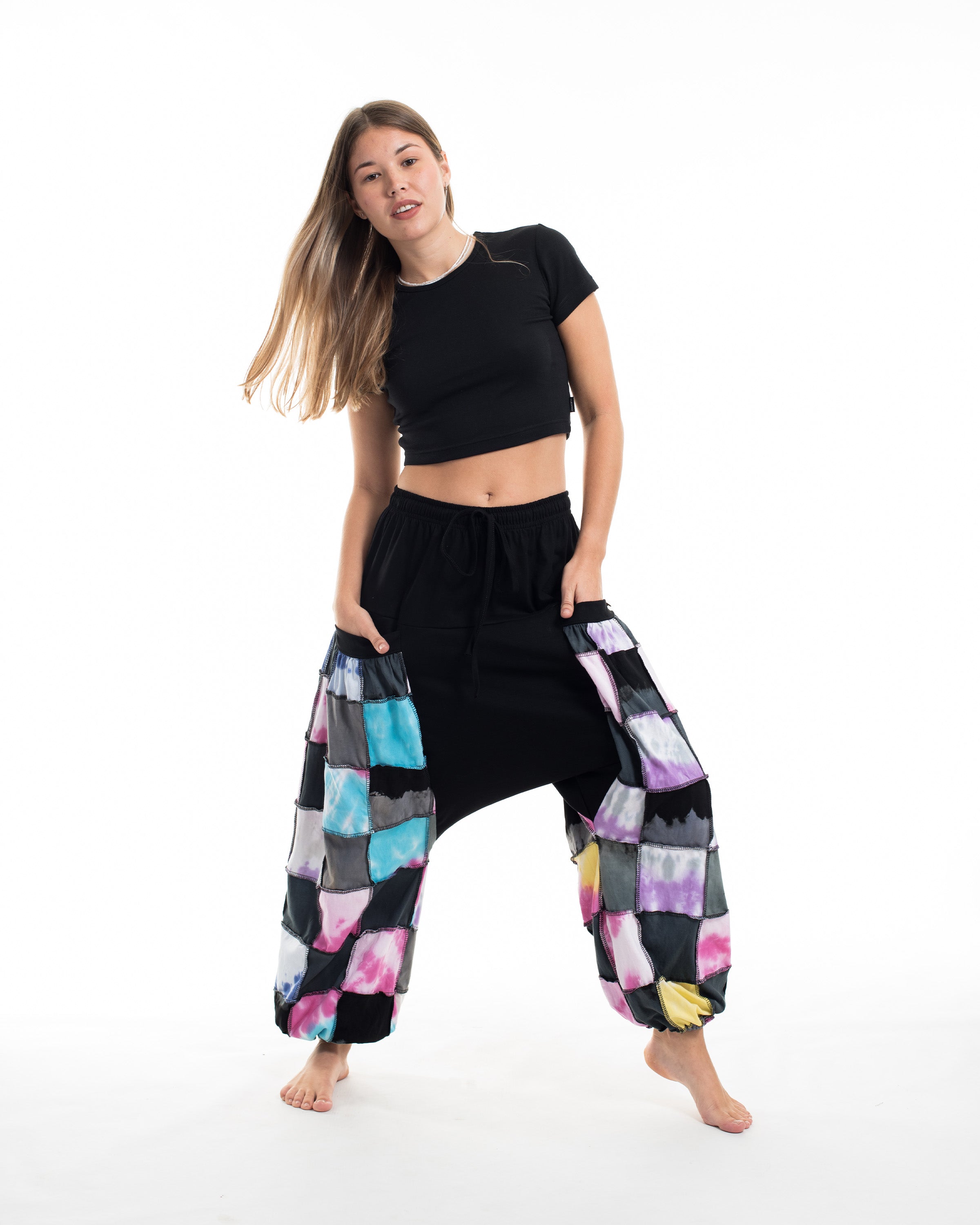 Tie Dye Cotton Women Harem Pants in Patchwork Black Candy