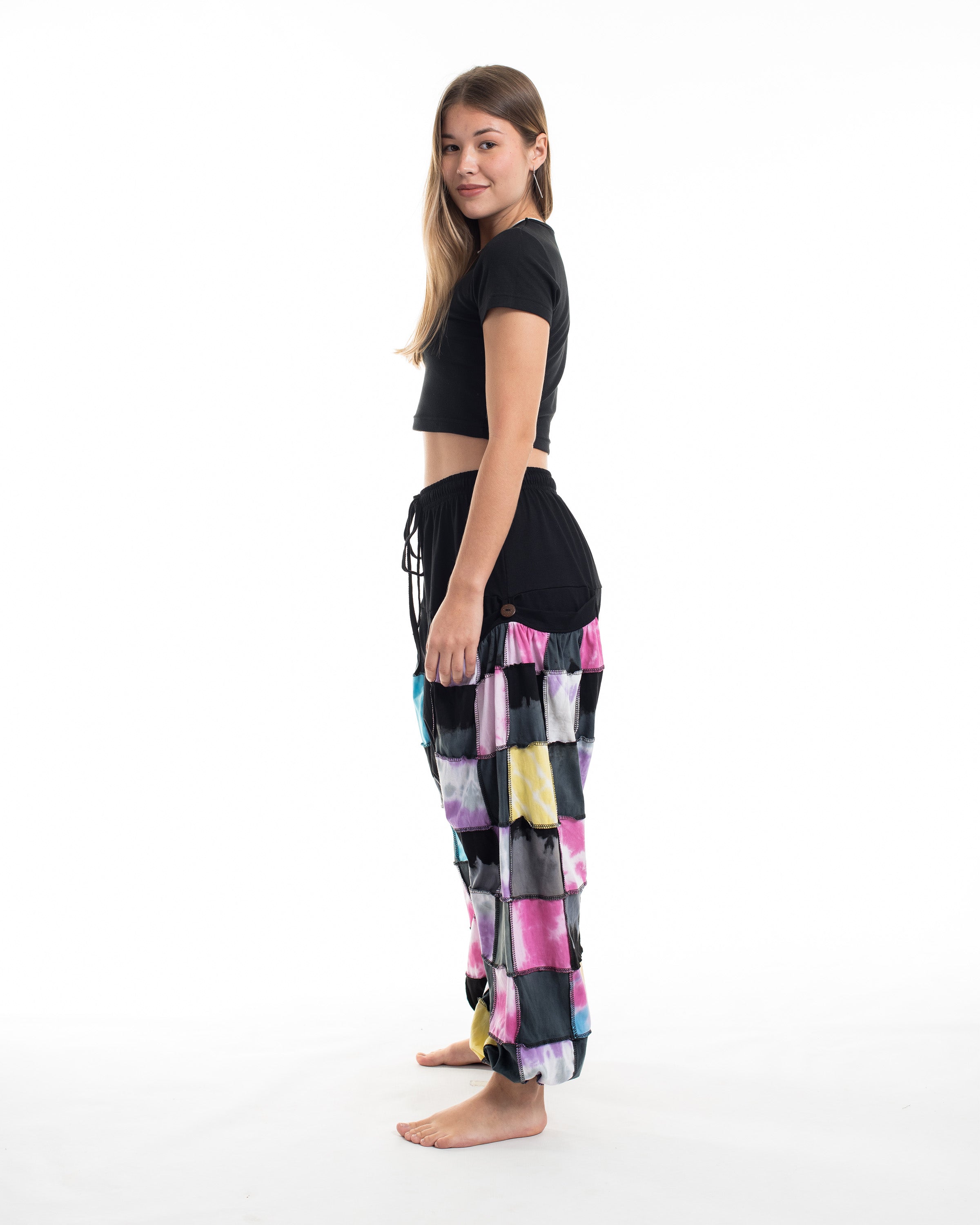 Tie Dye Cotton Women Harem Pants in Patchwork Black Candy