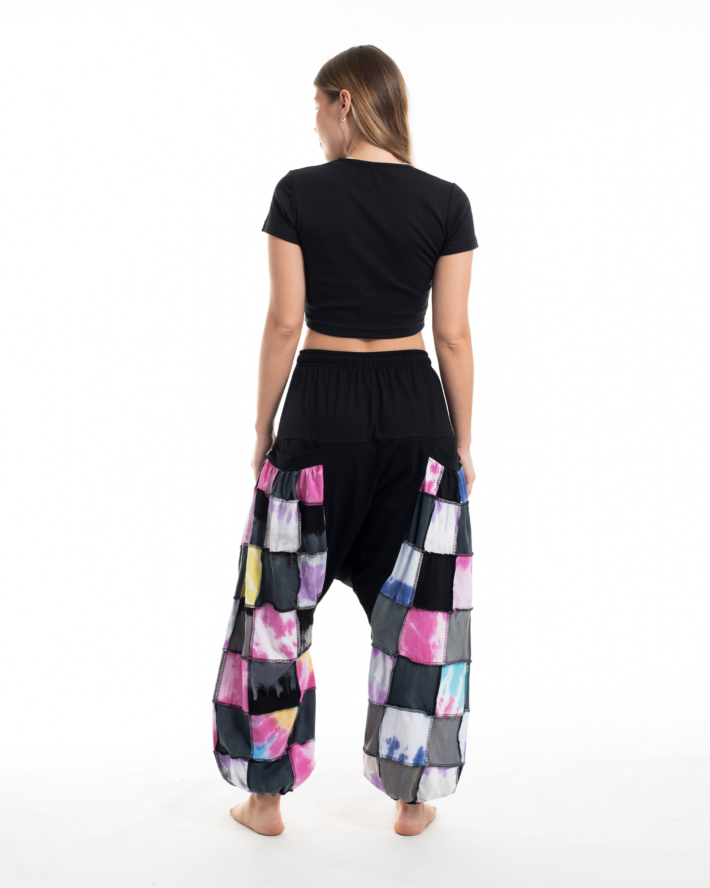 Tie Dye Cotton Women Harem Pants in Patchwork Black Candy
