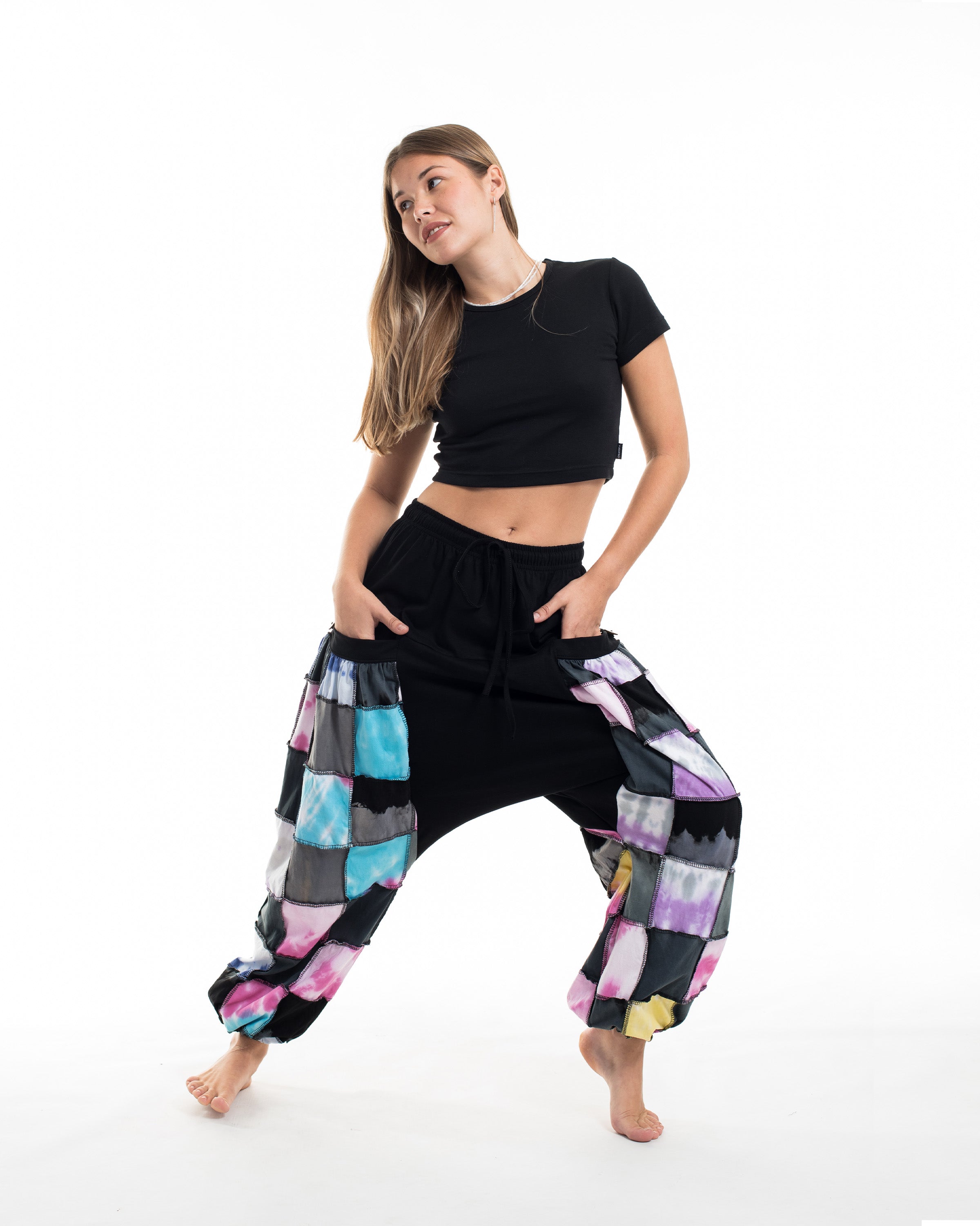Tie Dye Cotton Women Harem Pants in Patchwork Black Candy