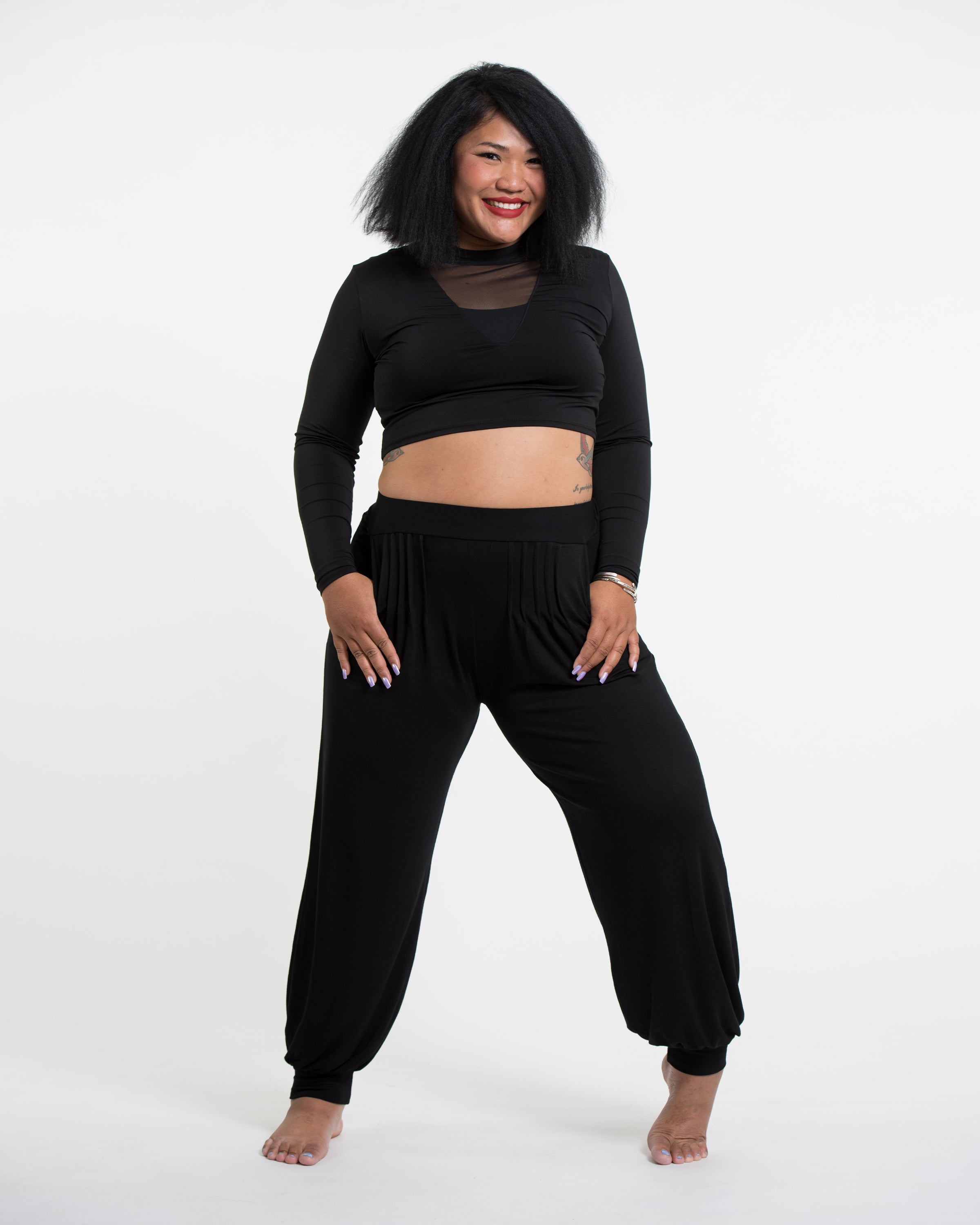 Plus Size Soft Flex Womens Harem Pants in Solid Black