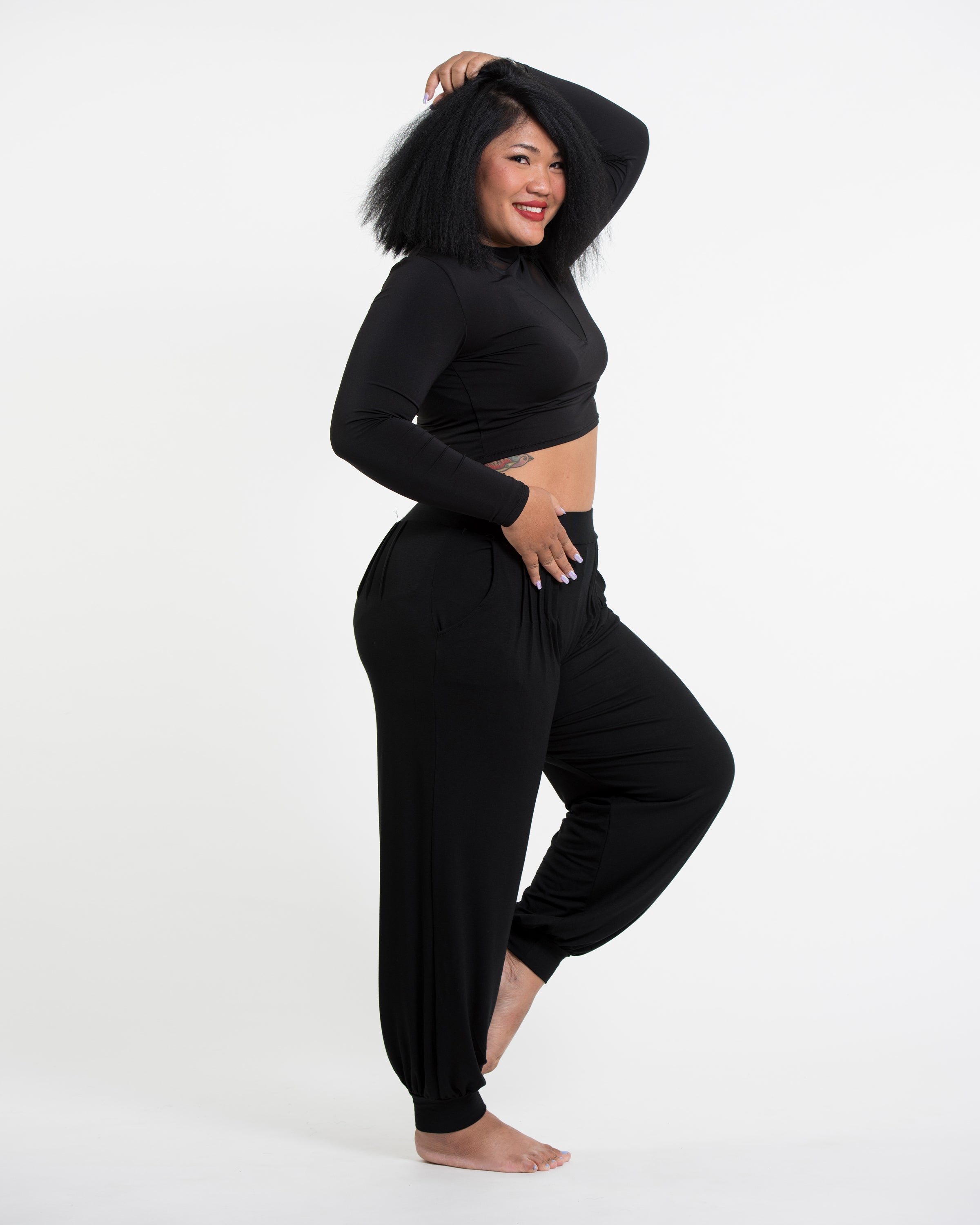 Plus Size Soft Flex Womens Harem Pants in Solid Black