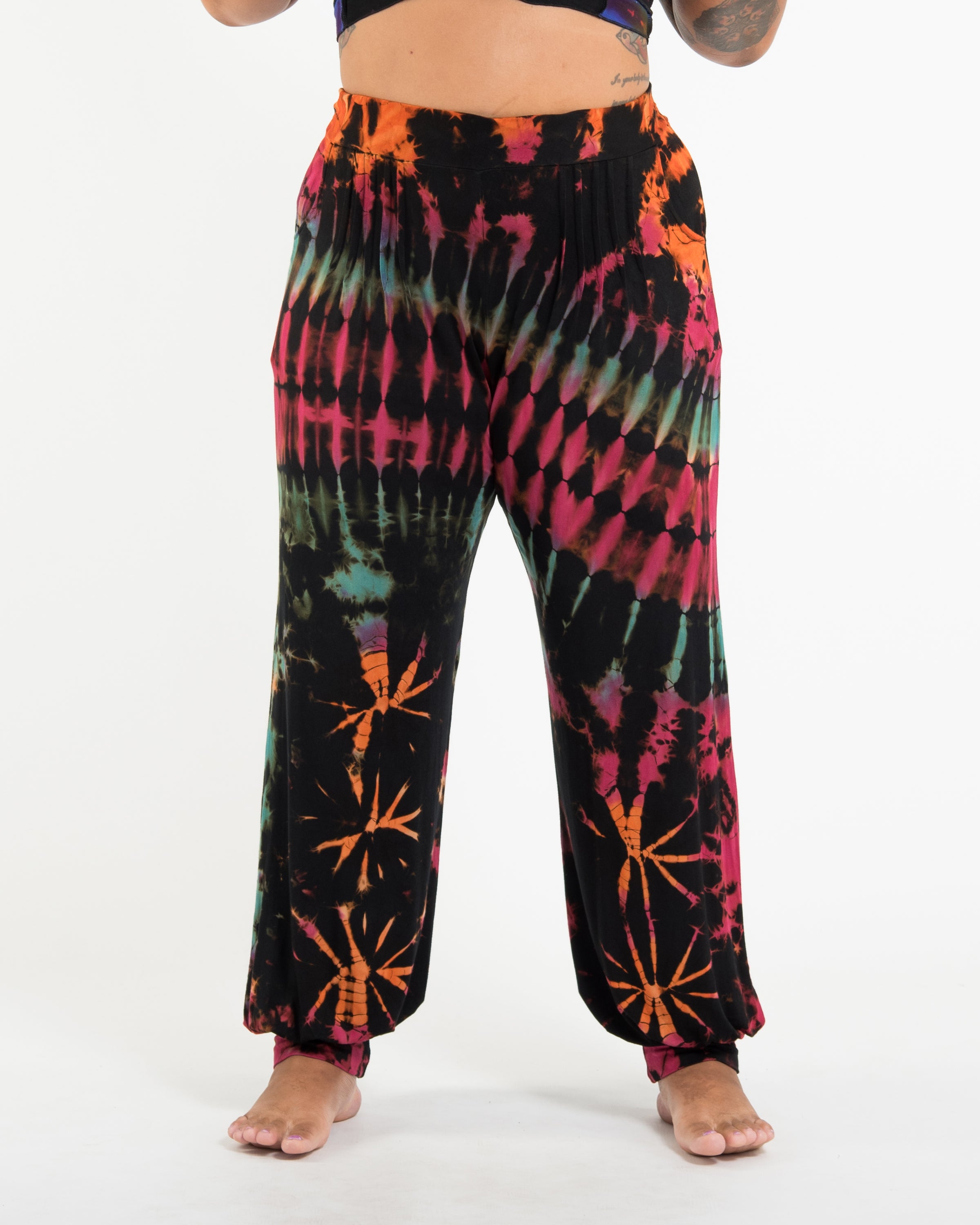 Plus Size Soft Flex Womens Tie Dye Harem Pants in Black Pink
