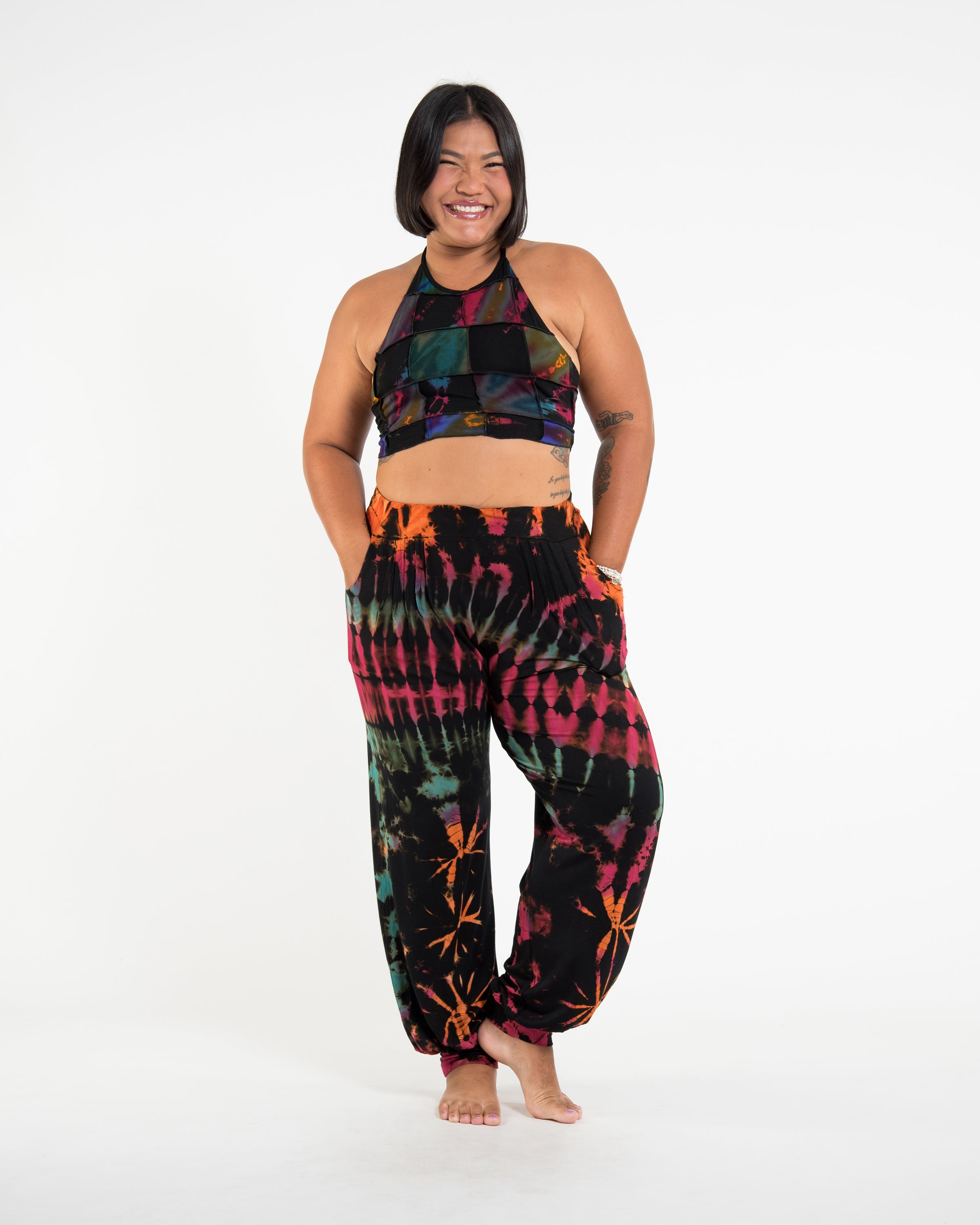 Plus Size Soft Flex Womens Tie Dye Harem Pants in Black Pink