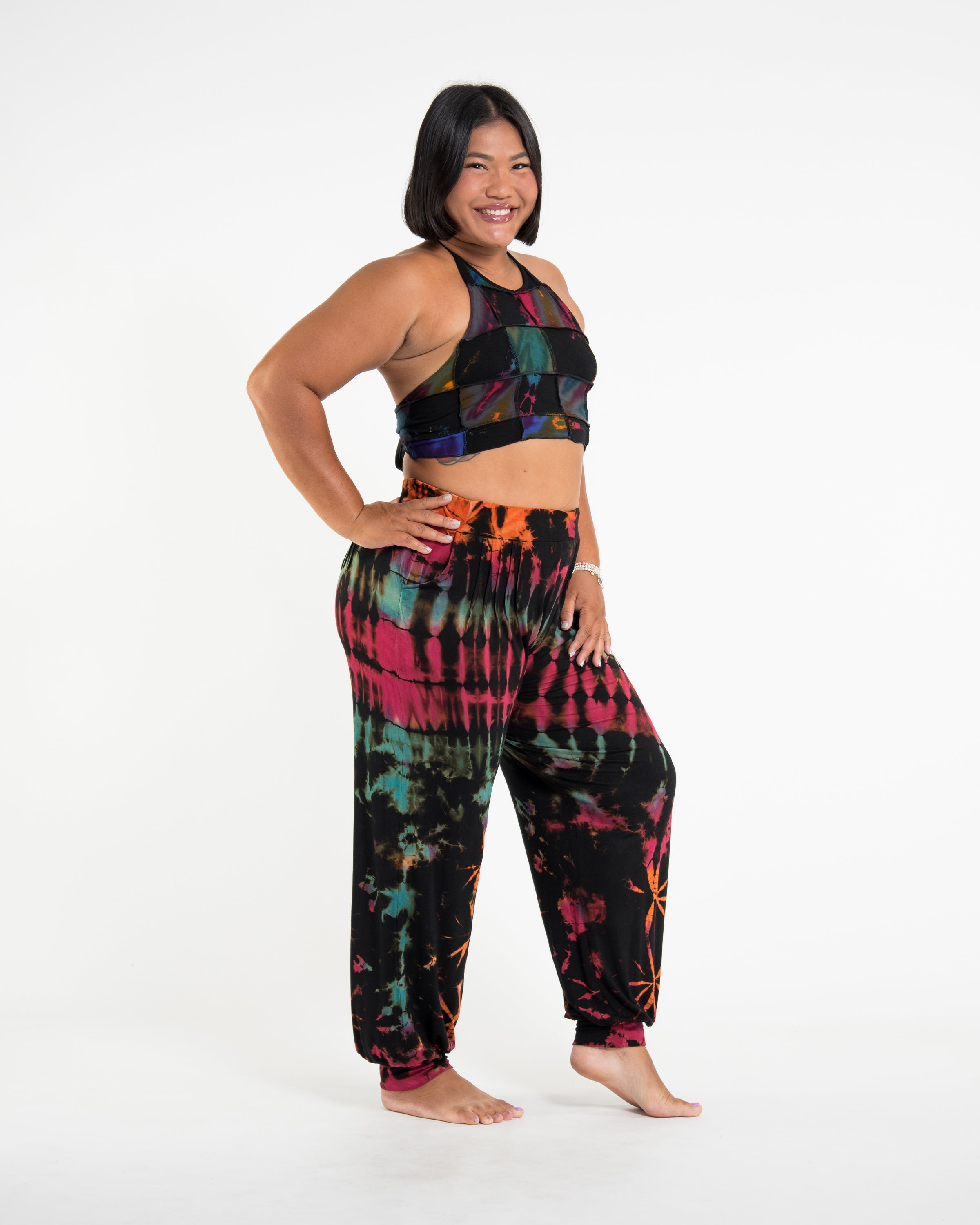 Plus Size Soft Flex Womens Tie Dye Harem Pants in Black Pink