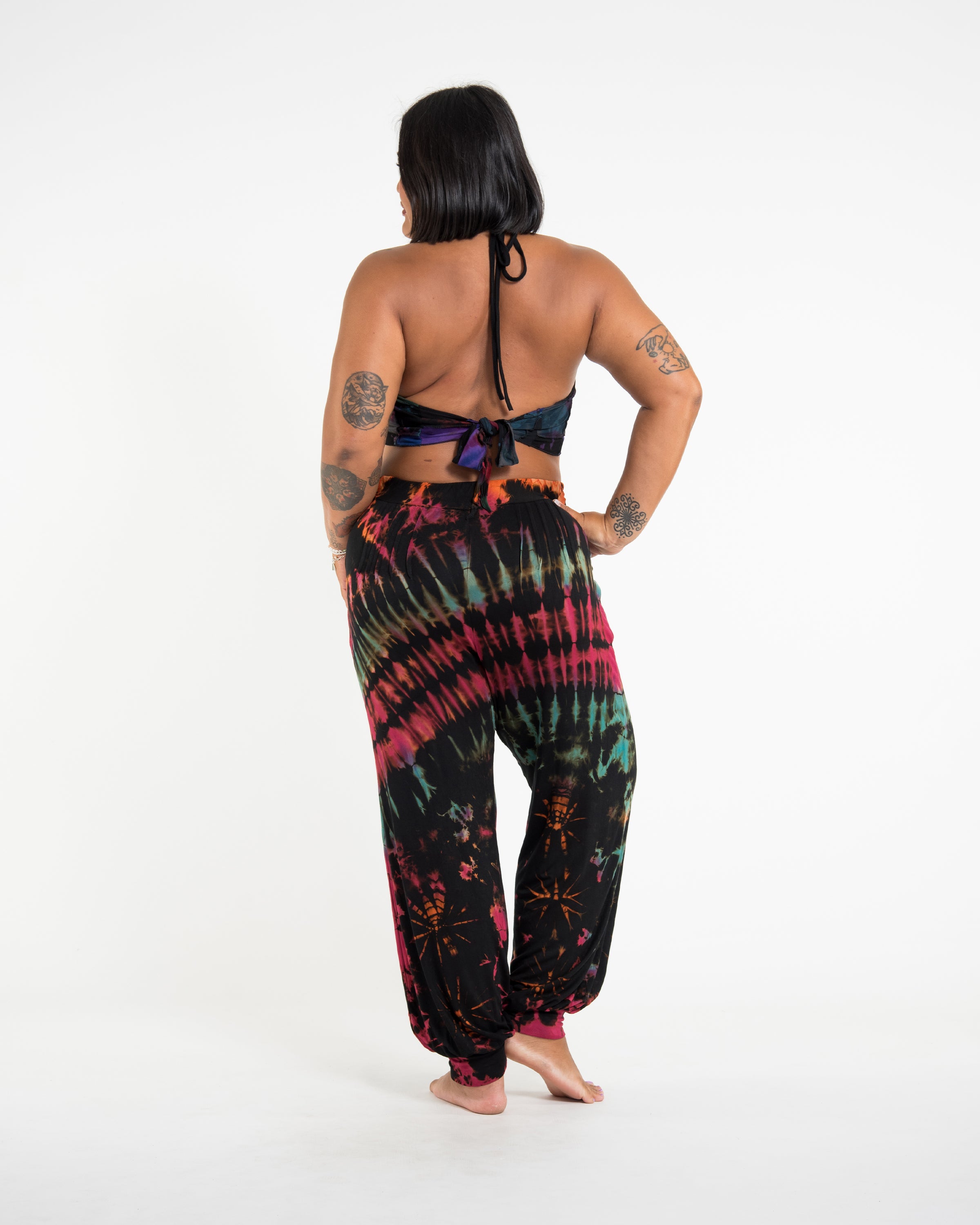 Plus Size Soft Flex Womens Tie Dye Harem Pants in Black Pink