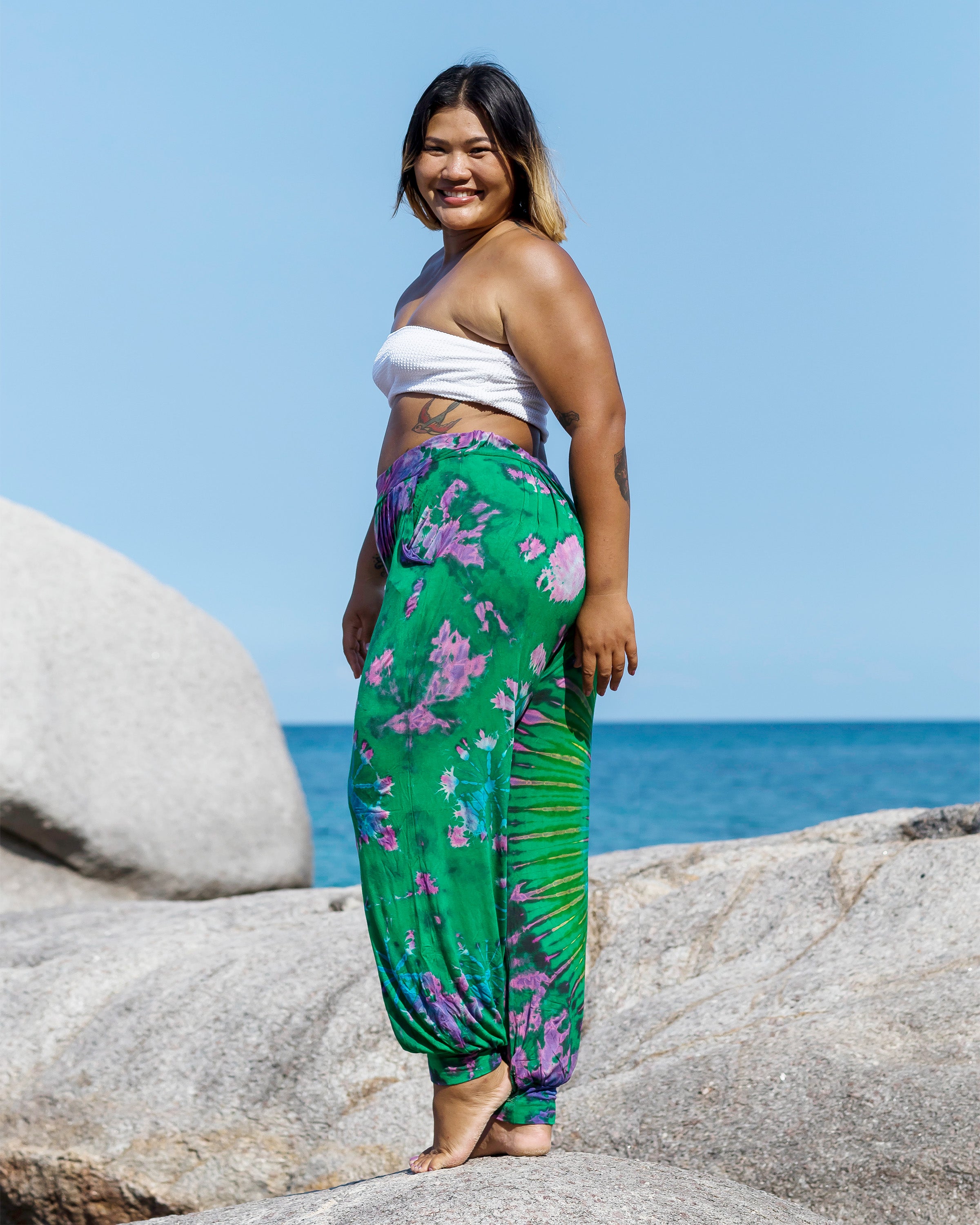 Plus Size Soft Flex Womens Tie Dye Harem Pants in Green