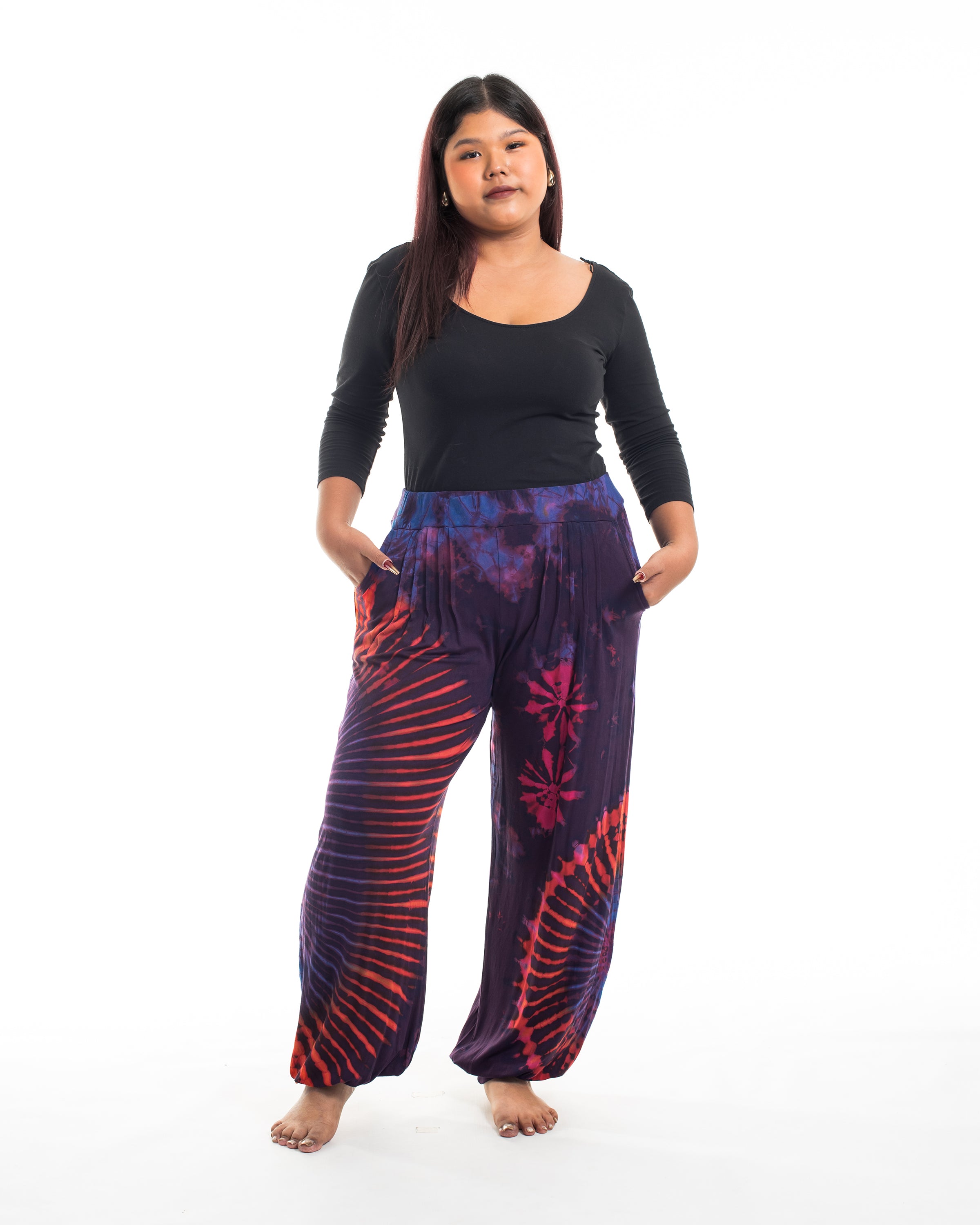 Plus Size Soft Flex Womens Tie Dye Harem Pants in Purple