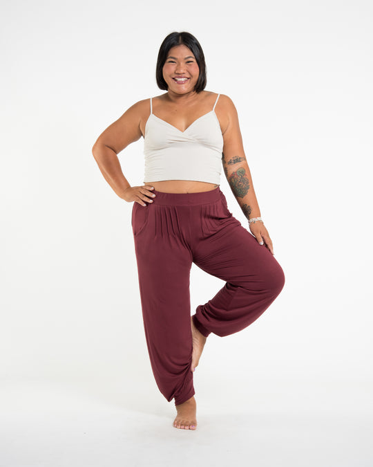 Plus Size Cotton Women Harem Pants in Solid Maroon