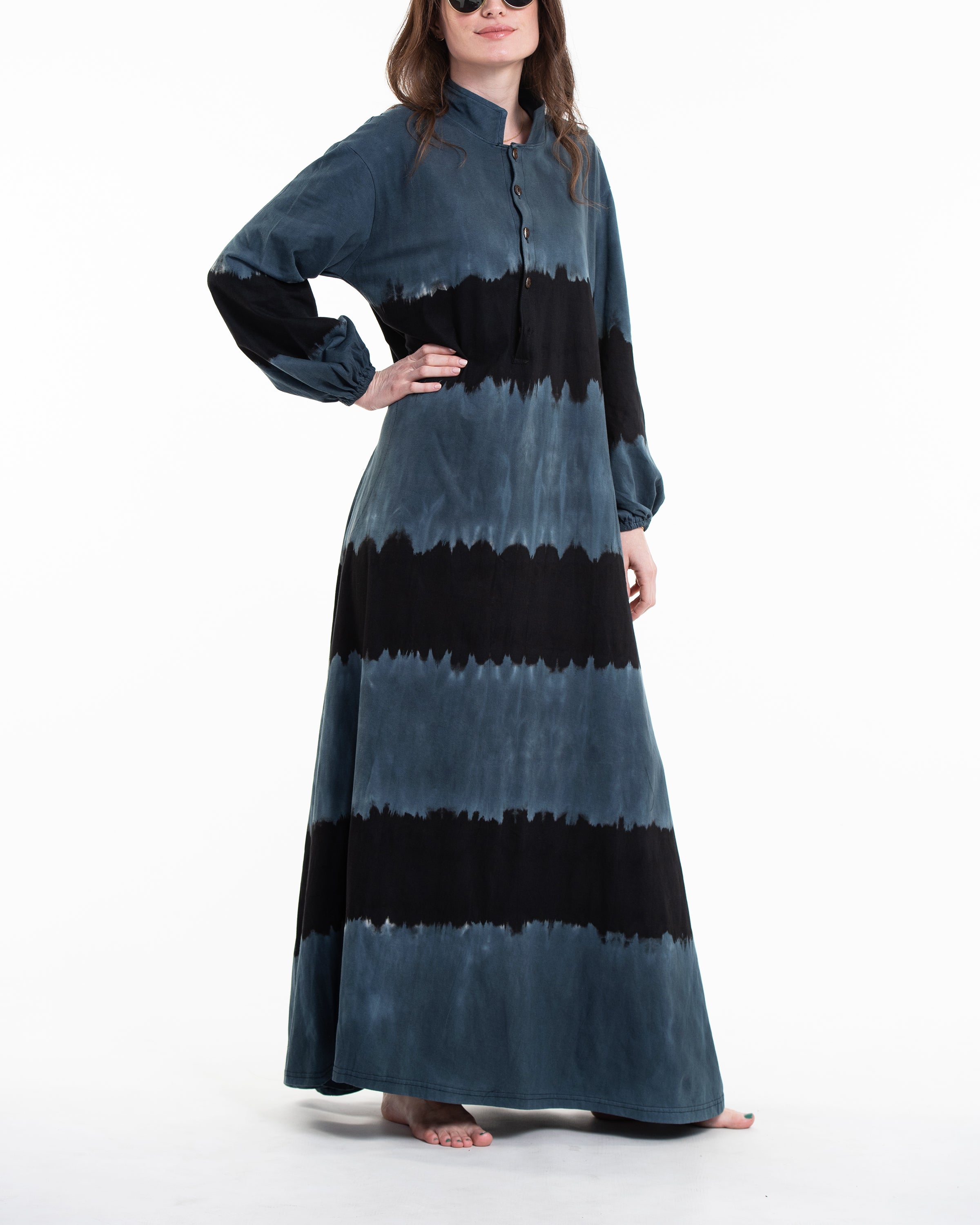 Tie Dye Long Sleeve Maxi Dress in Blue Gray