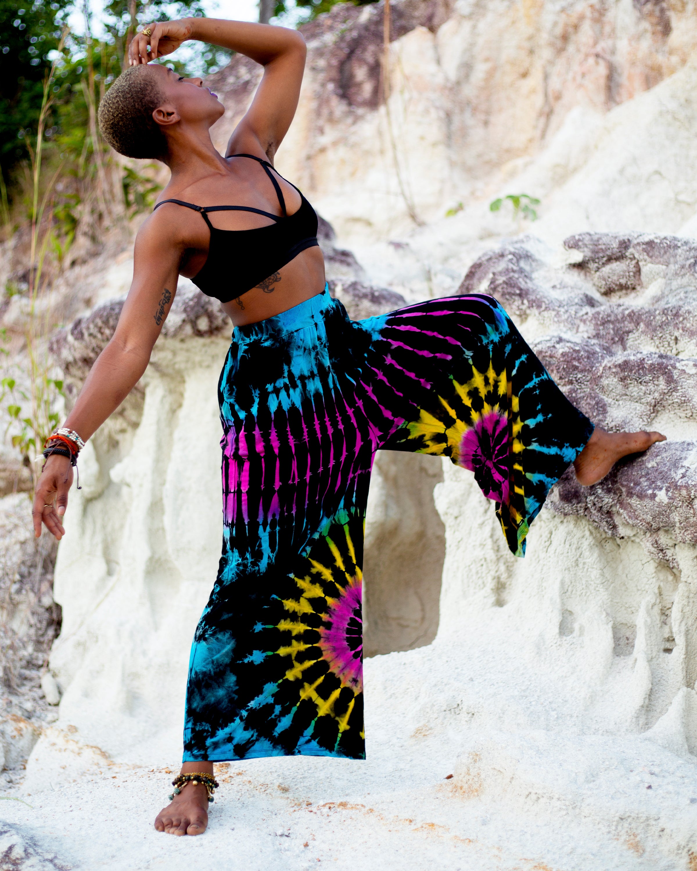 Plus Size Soft Flex Tie Dye Wide Leg Pants in Black Turquoise