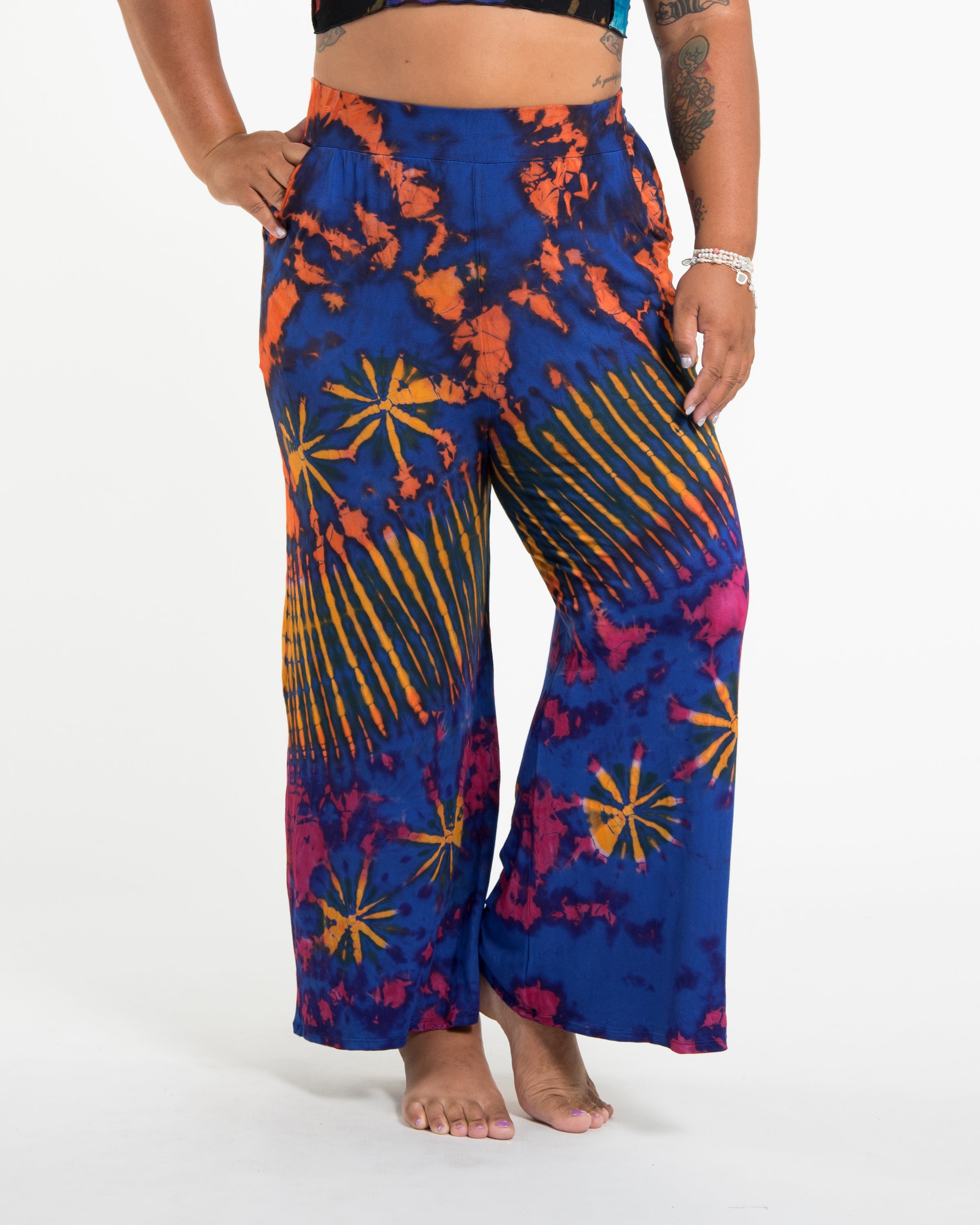 Plus Size Soft Flex Tie Dye Wide Leg Pants in Royal Blue