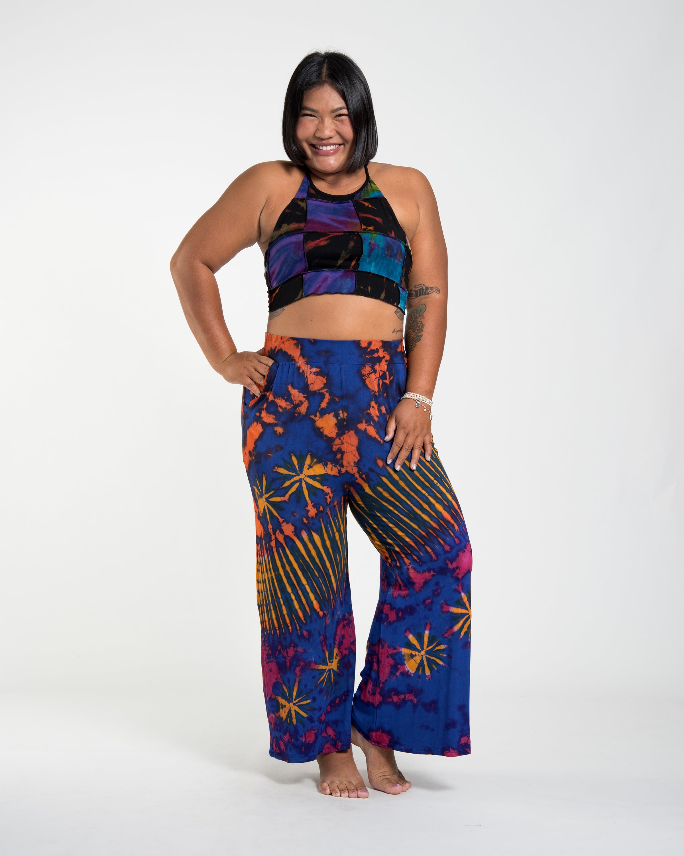 Plus Size Soft Flex Tie Dye Wide Leg Pants in Royal Blue