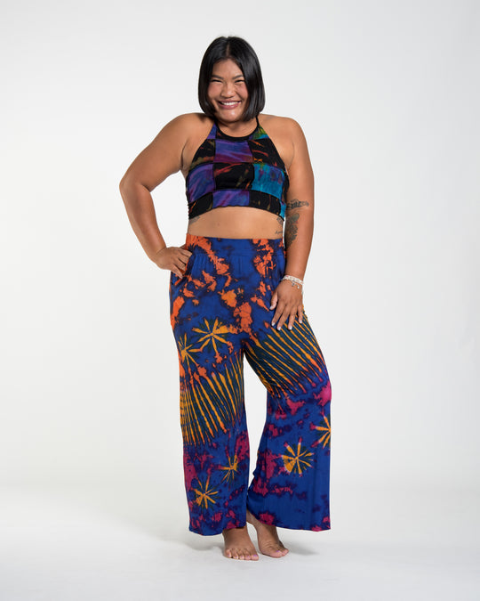Plus Size Tie Dye Wide Leg Palazzo Harem Pants Cotton in Blue