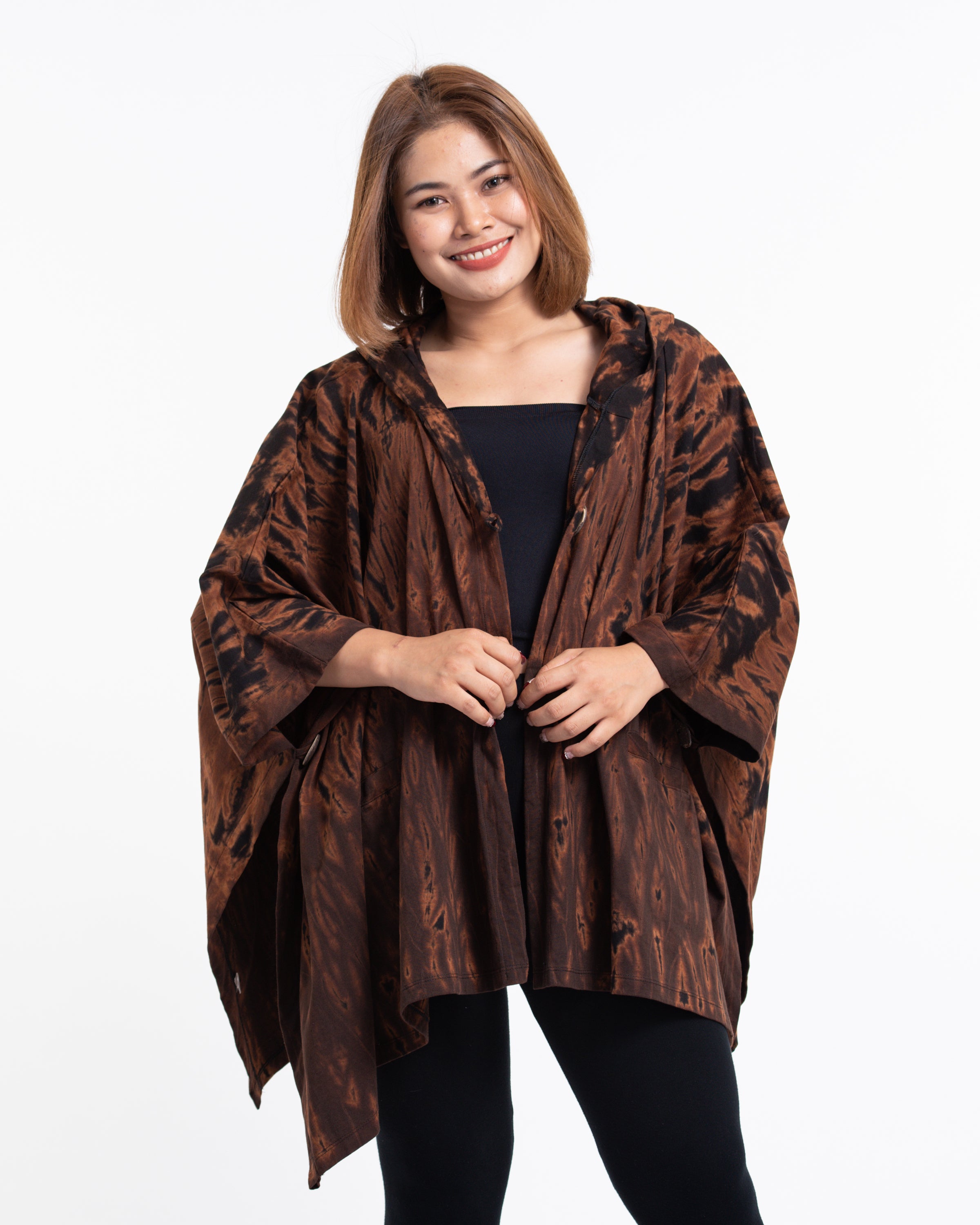 Tie Dye Cotton Hooded Poncho Jacket in Brown 08
